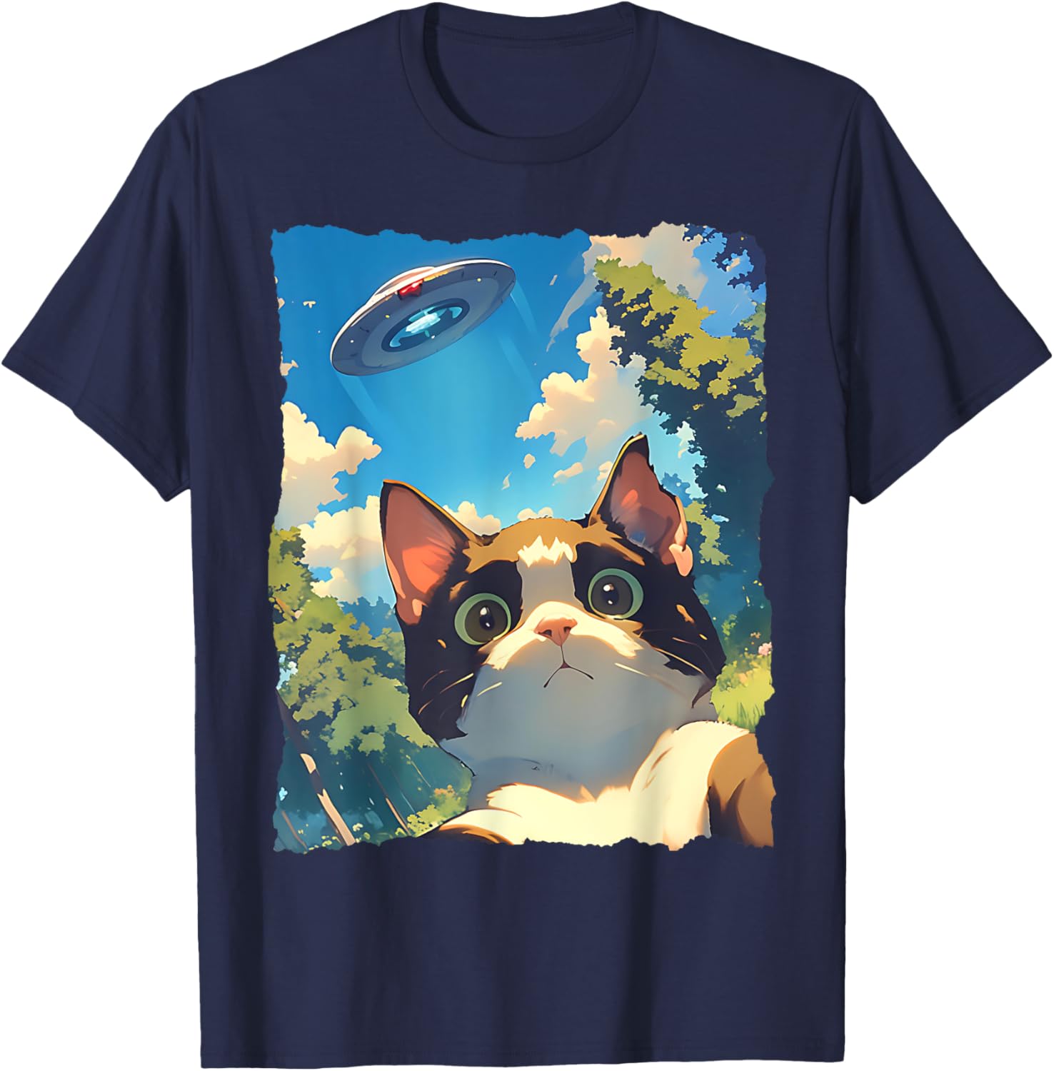 Funny Anime Cat UFO Selfie T-Shirt for Kids and Adults - Cute Clothing - 1