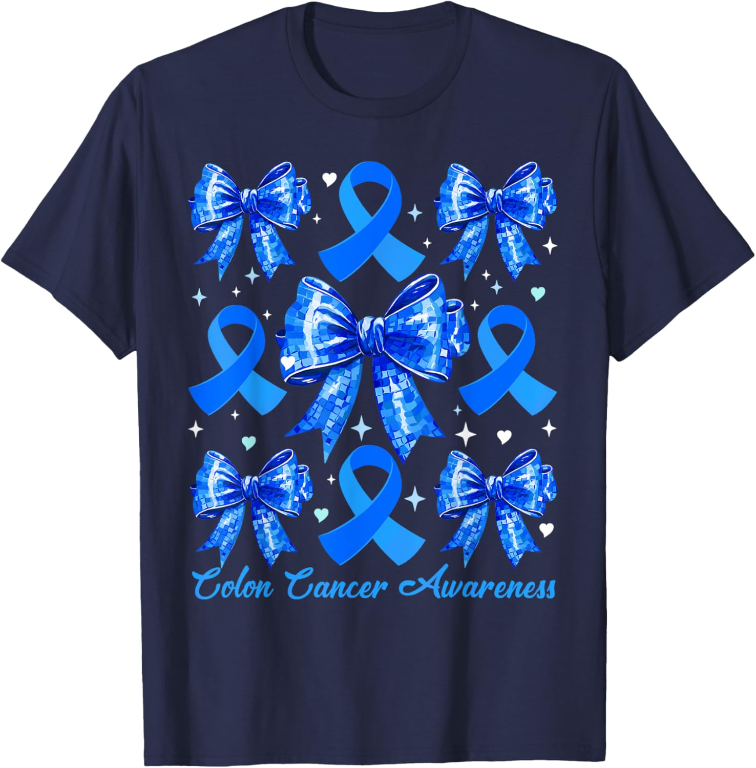 Retro Coquette Blue Ribbon T-Shirt for Women's Colon Cancer Awareness - 6