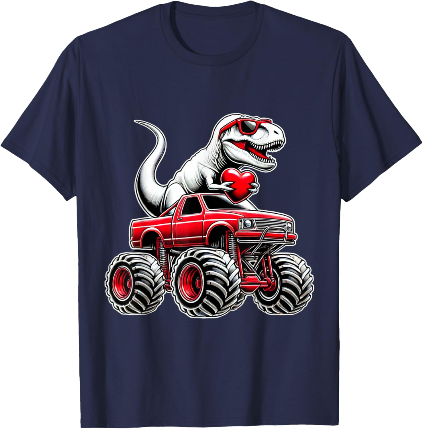 Funny T Rex Riding Monster Truck T-Shirt for Boys Celebrating Valentine's Day - 19