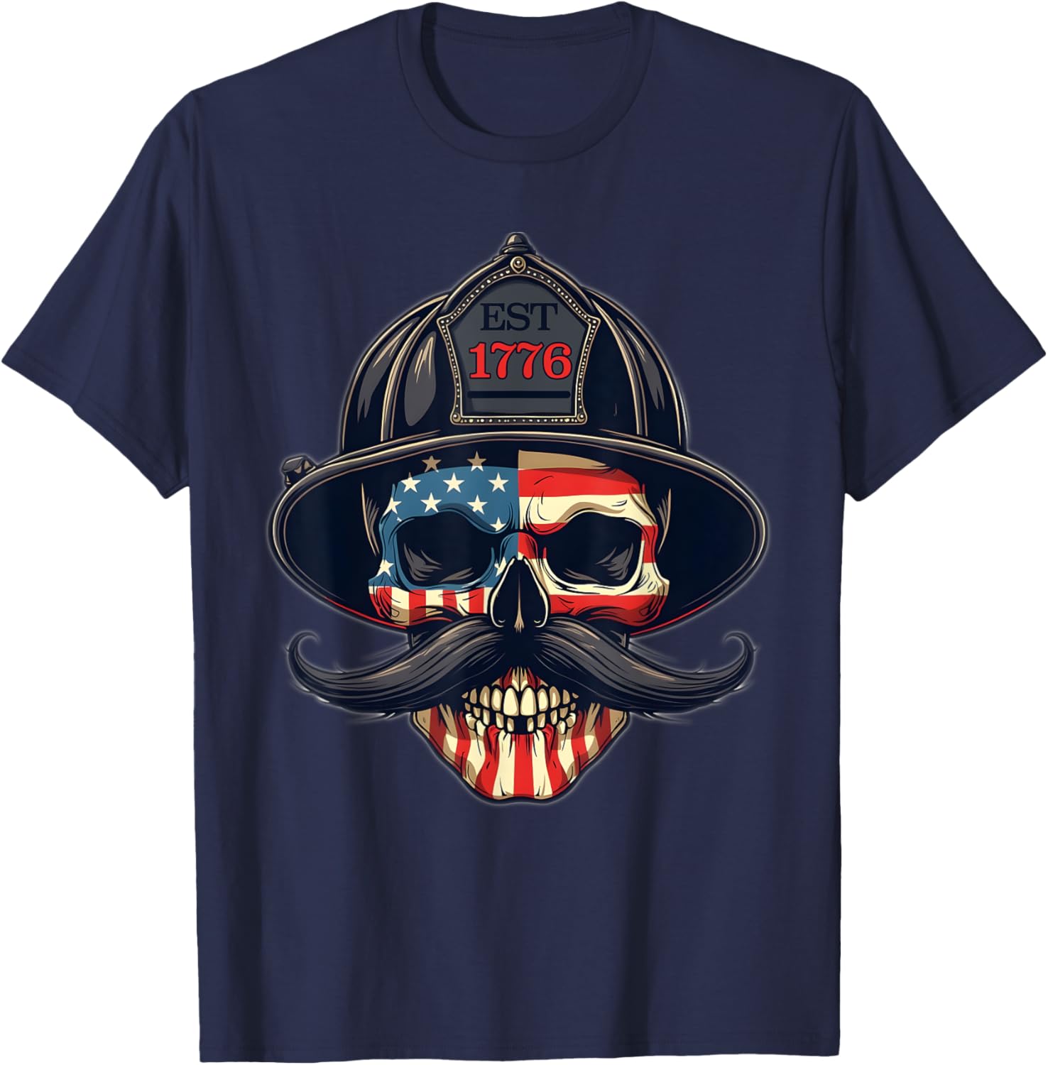 Firefighter Skull Mustache USA Flag T-Shirt for Firemen and Firefighters - 1