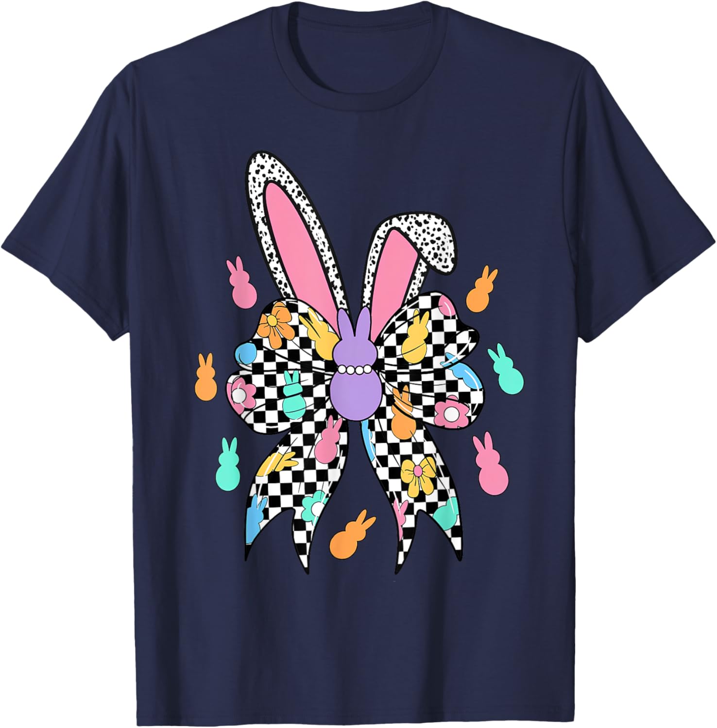 Happy Easter Checkered Bunny Bow Ears T-Shirt for Women and Girls - 11