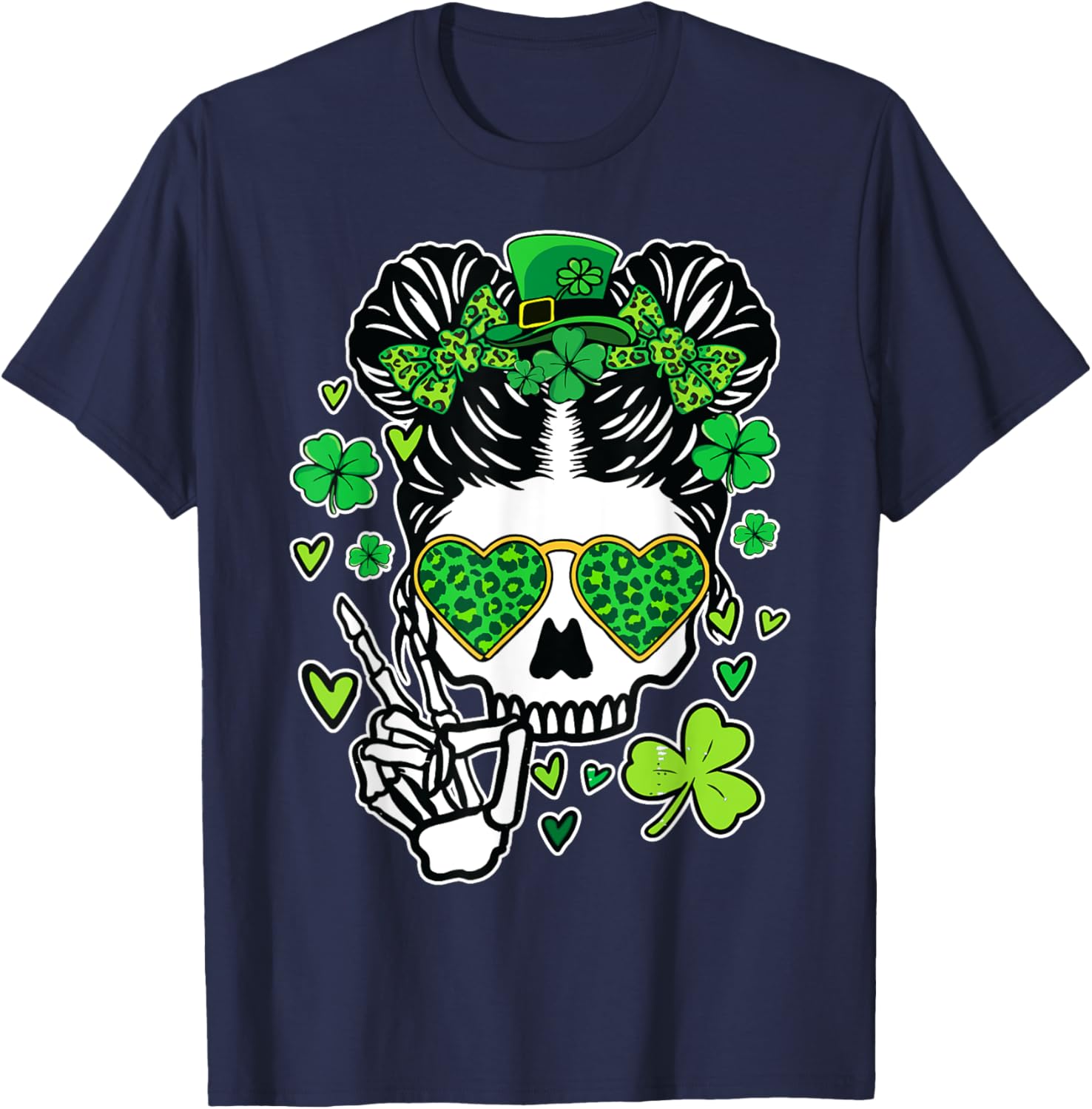 St Patrick's Day Skull Messy Bun Women’s T-Shirt for Festive Style - 13