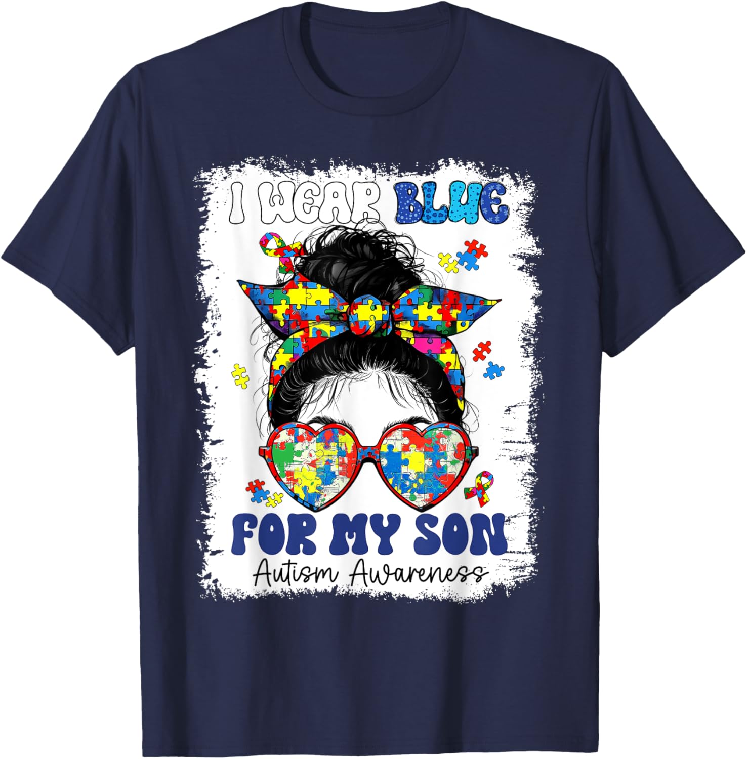 Mom Messy Bun Autism Awareness Puzzle T-Shirt for Proud Mothers - 4