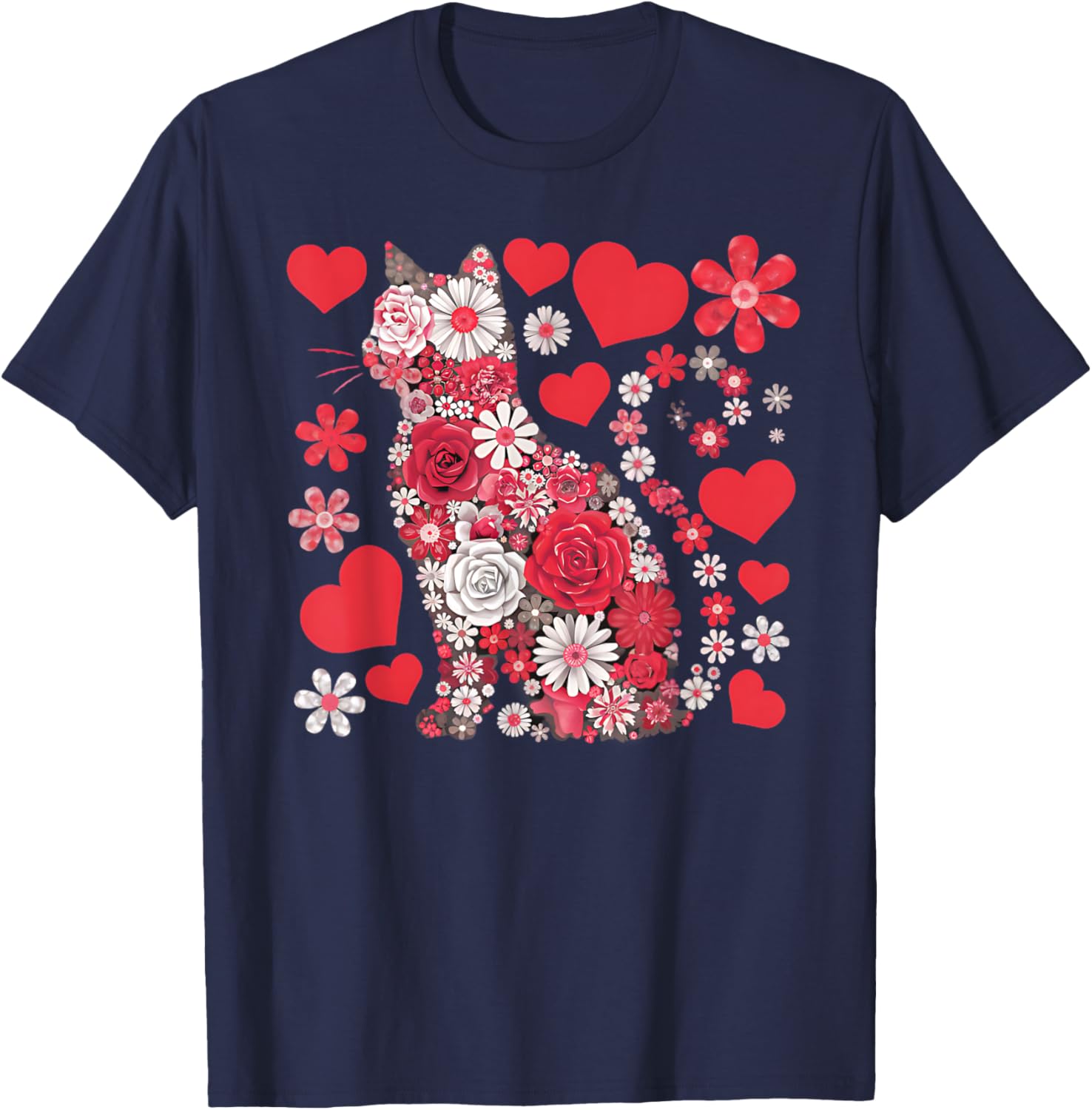 Cute Cat Floral Hearts Valentine’s Day T-Shirt for Kids and Adults - 1