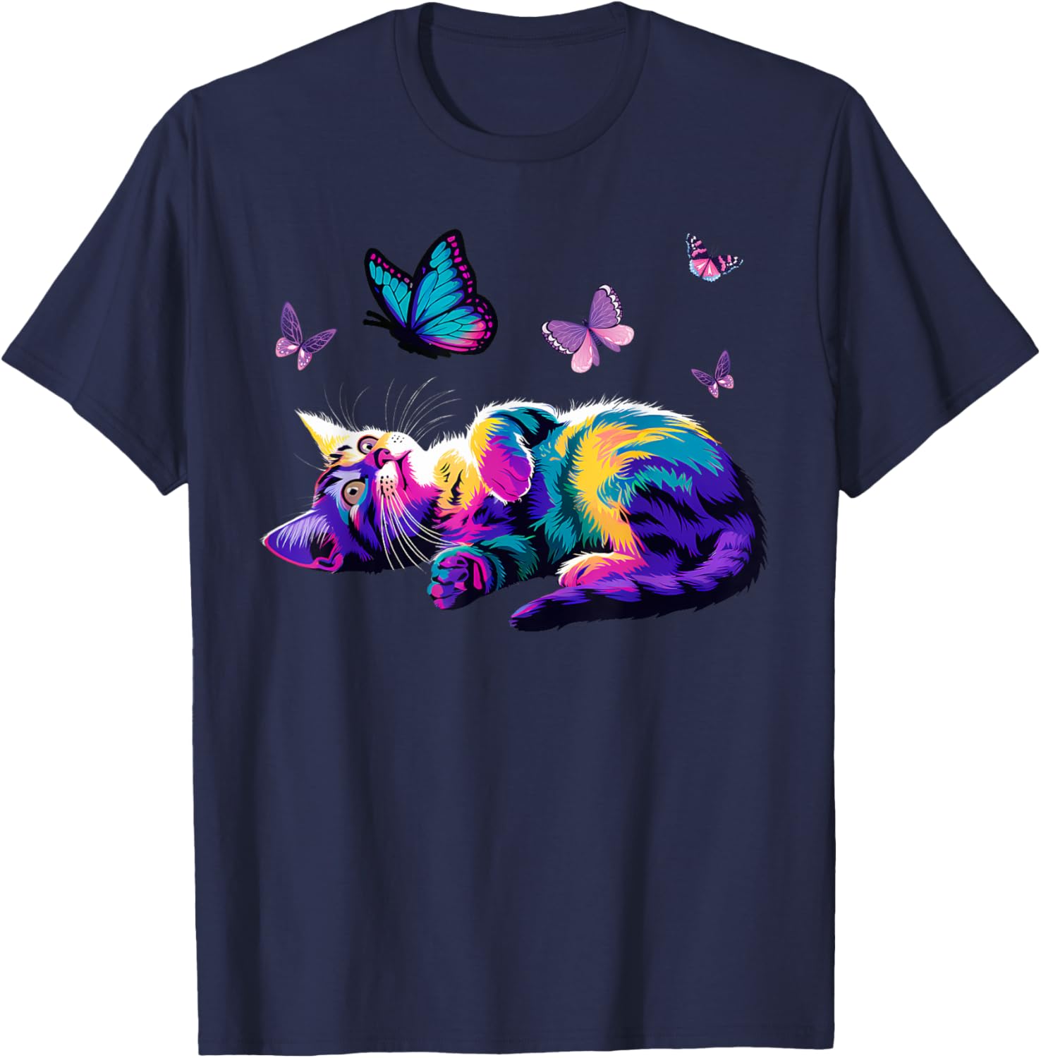 Colorful Cute Cat Playing with Butterfly T-Shirt for Cat Lovers Kids and Adults - 4