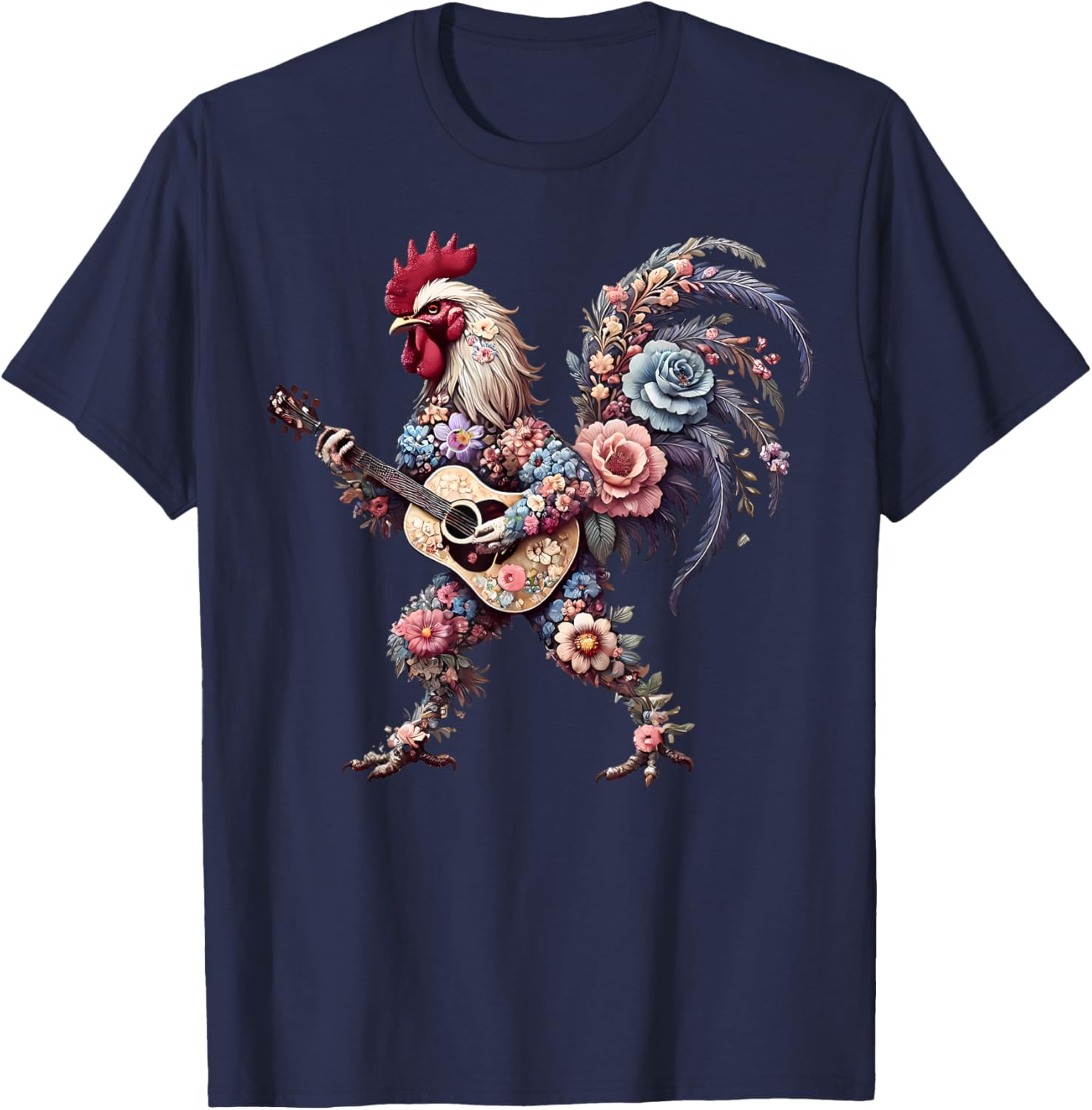 Funny Floral Rooster Guitarist T-Shirt Perfect for Music Lovers - 1