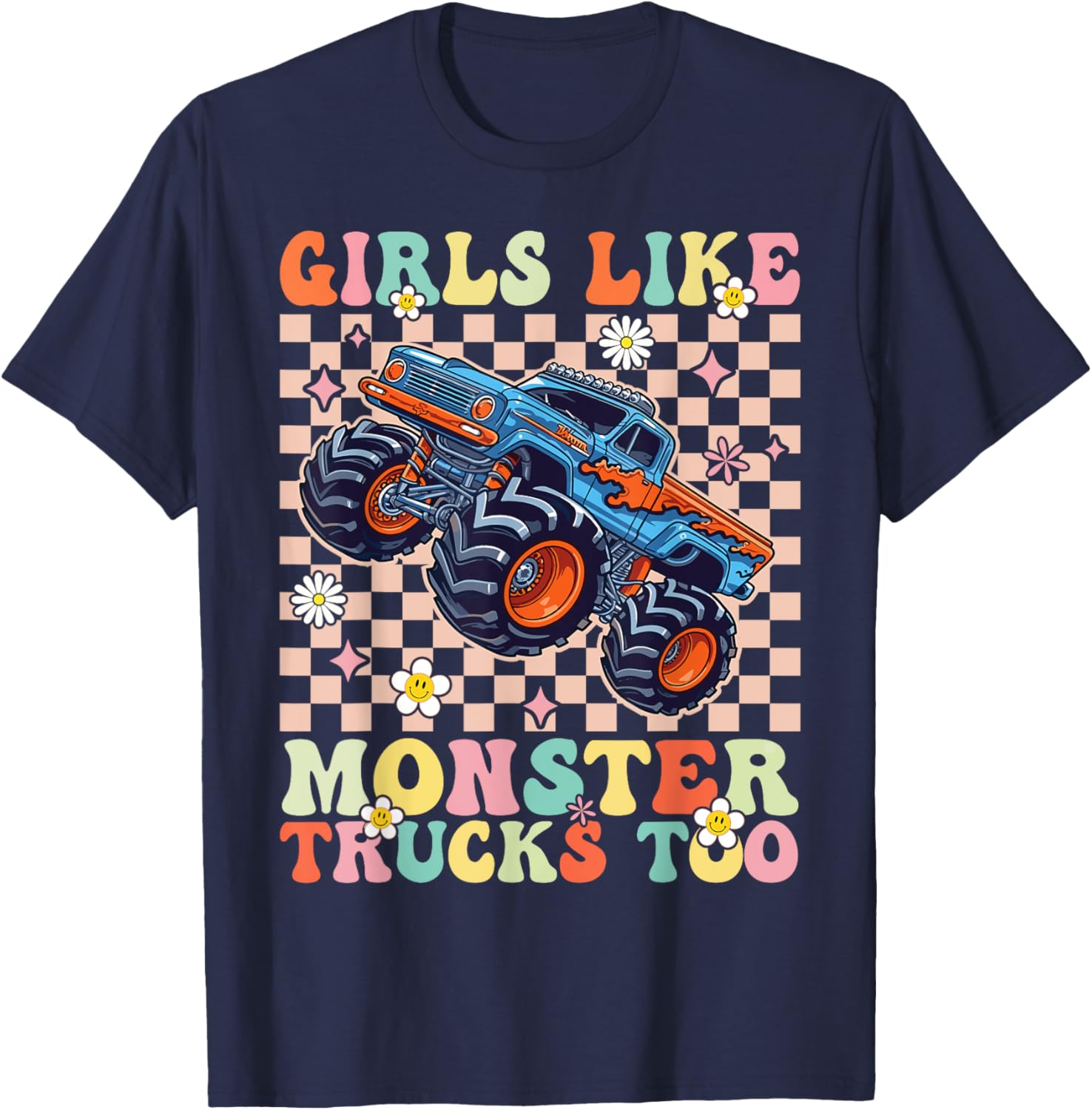 Funny Girls Love Monster Trucks Too Pink T-Shirt for Kids and Teens - 18