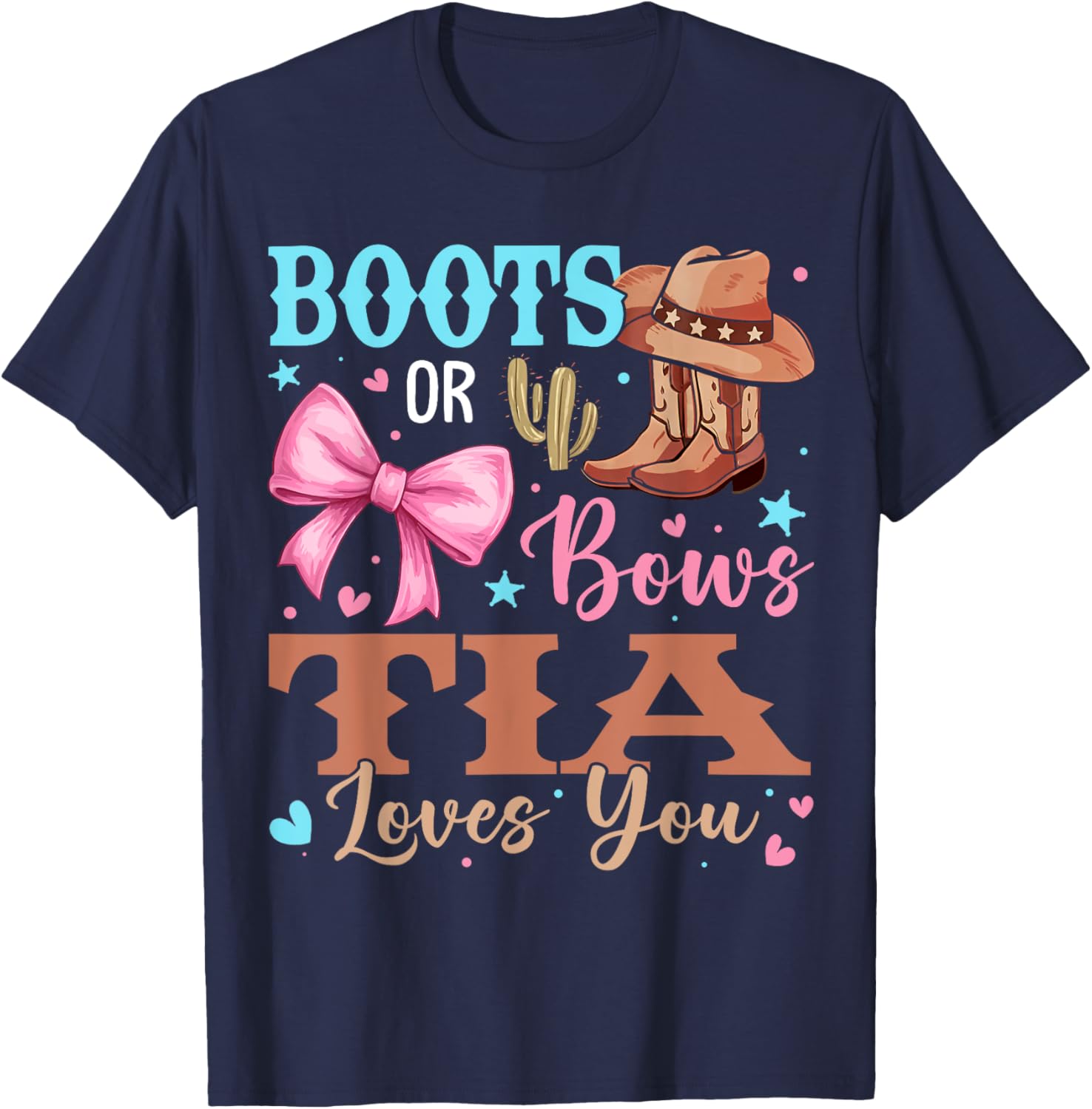 Tia Loves You Boots or Bows Gender Reveal T-Shirt for Celebrations - 5