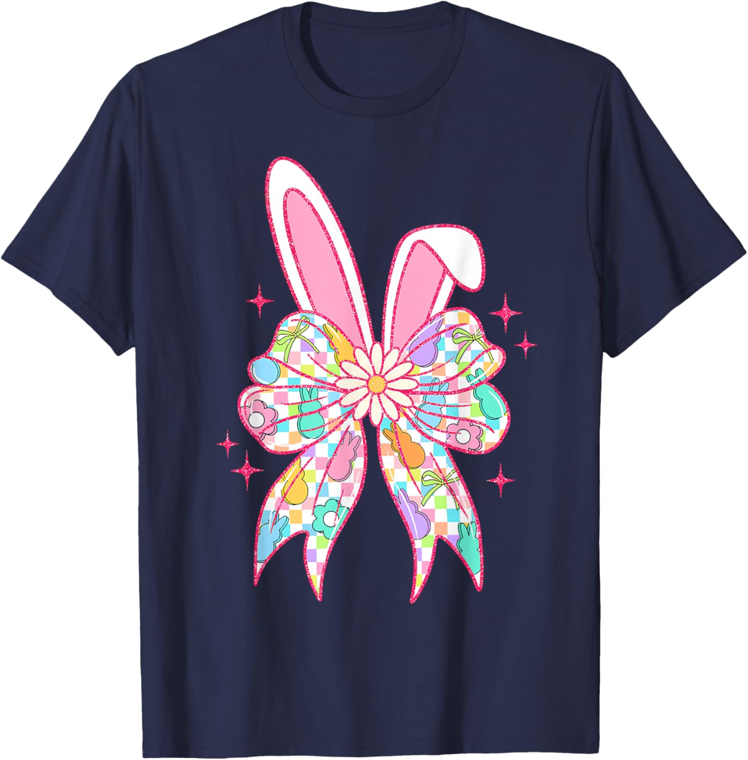 Groovy Checkered Bunny Bow Ears T-Shirt for Girls and Teens - 6
