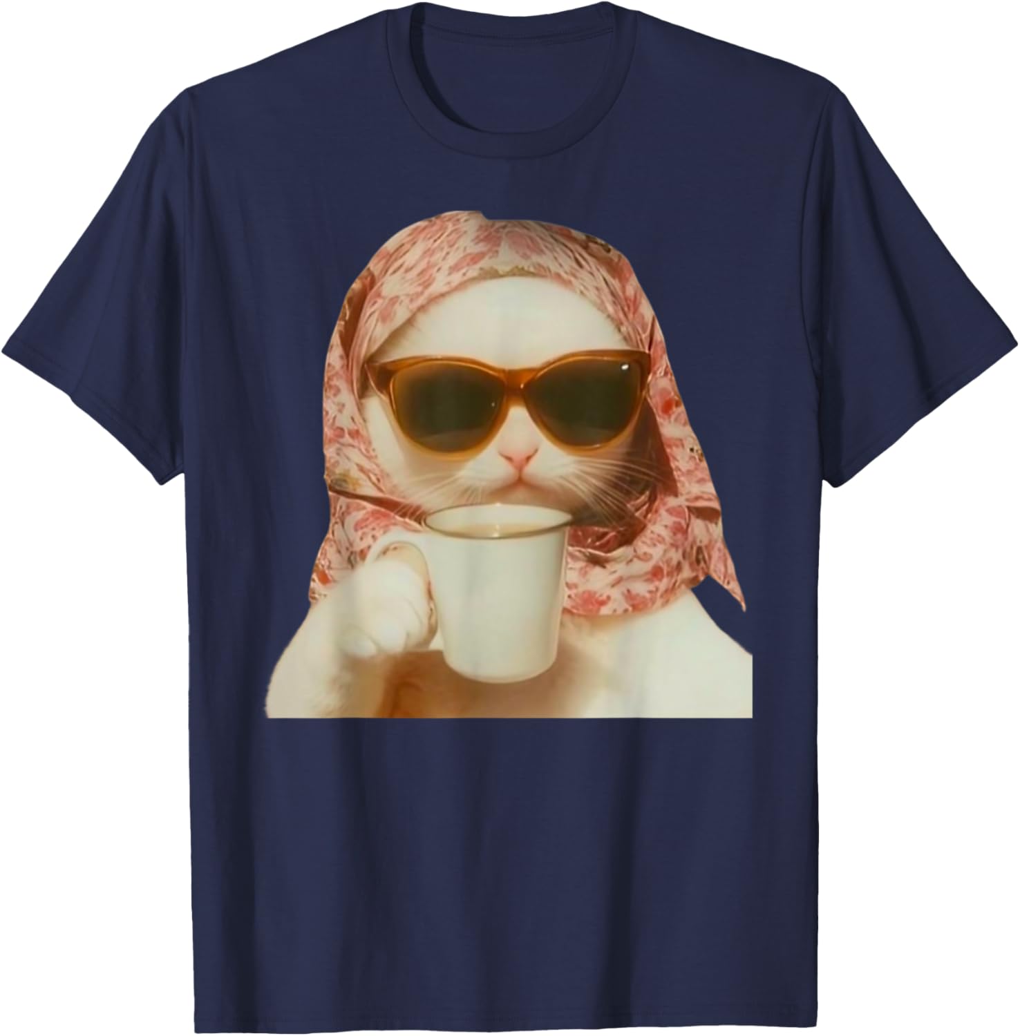 Funny Cat with Glasses and Headscarf Holding Cup T-Shirt for All Ages - 19