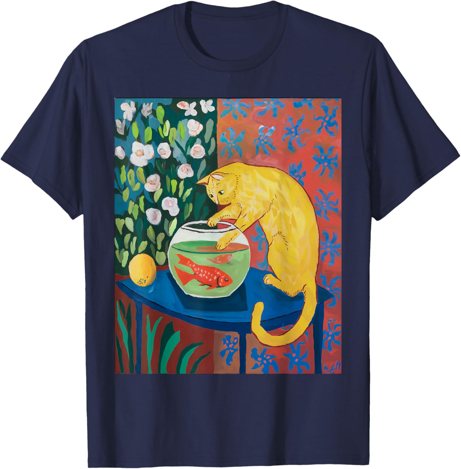 Vintage Matisse Cat T-Shirt with Red Fishes Fun Retro Style Apparel - 5