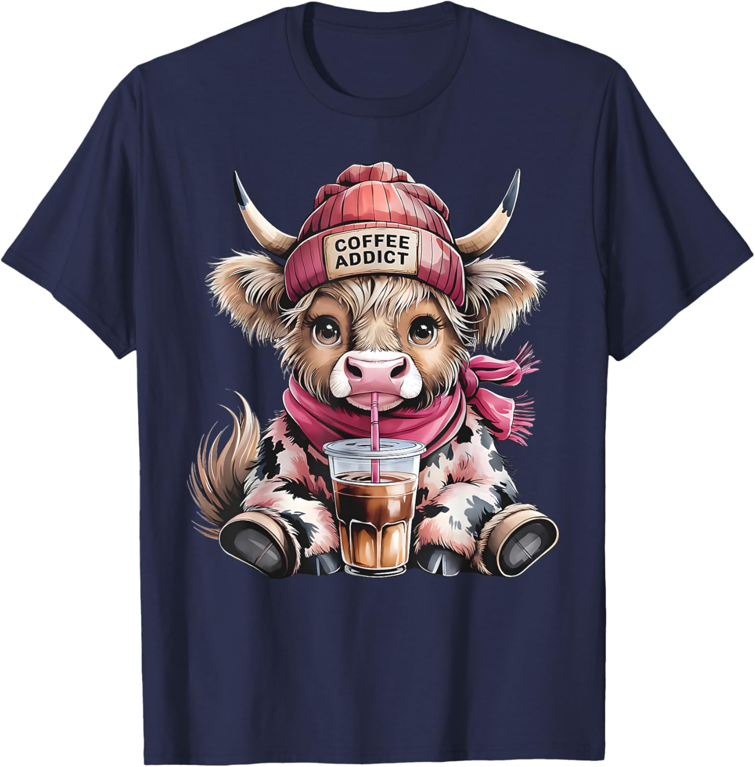 Cute Highland Cow Coffee Addict T-Shirt for Women with Beanie Hat - 12