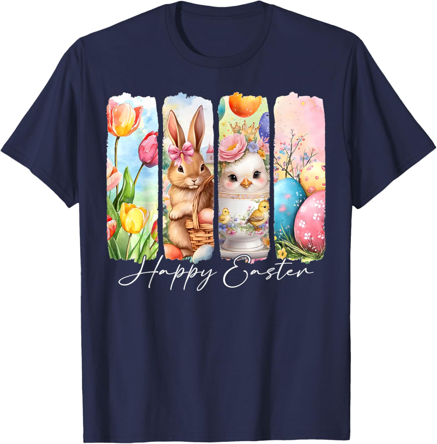Retro Bunny and Chick Happy Easter T-Shirt with Floral Design - 18