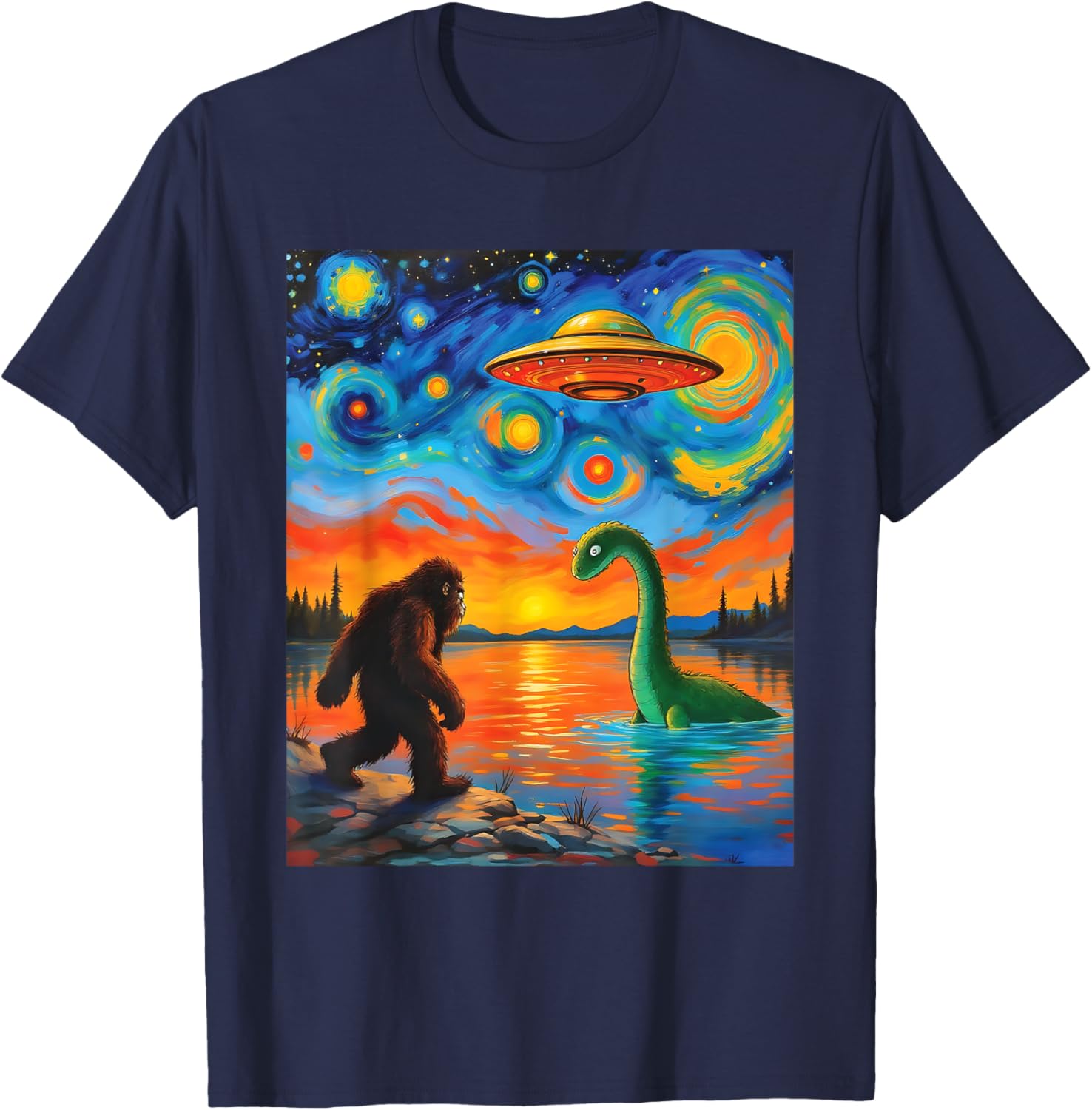 Bigfoot UFO Alien Encounter T-Shirt Inspired by Van Gogh's Starry Night - 14