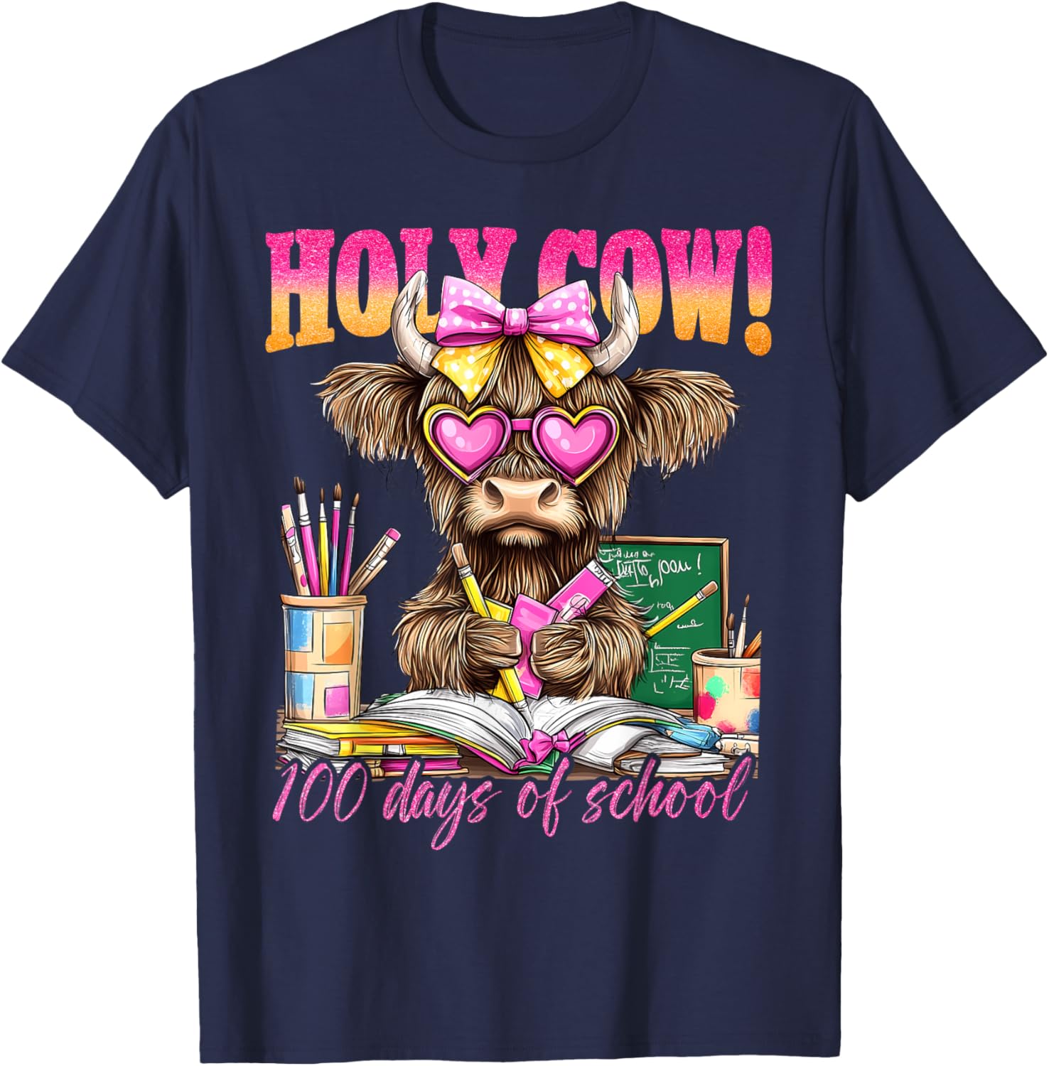 Cute Highland Cow 100 Days of School T-Shirt for Teachers and Kids - 1