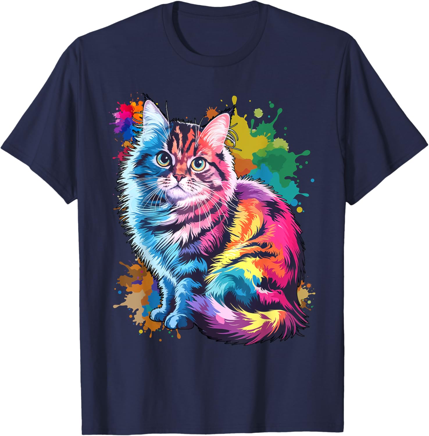 Colorful Watercolor Cat T-Shirt for Men and Women - Fun Cat Lover Tee - 6