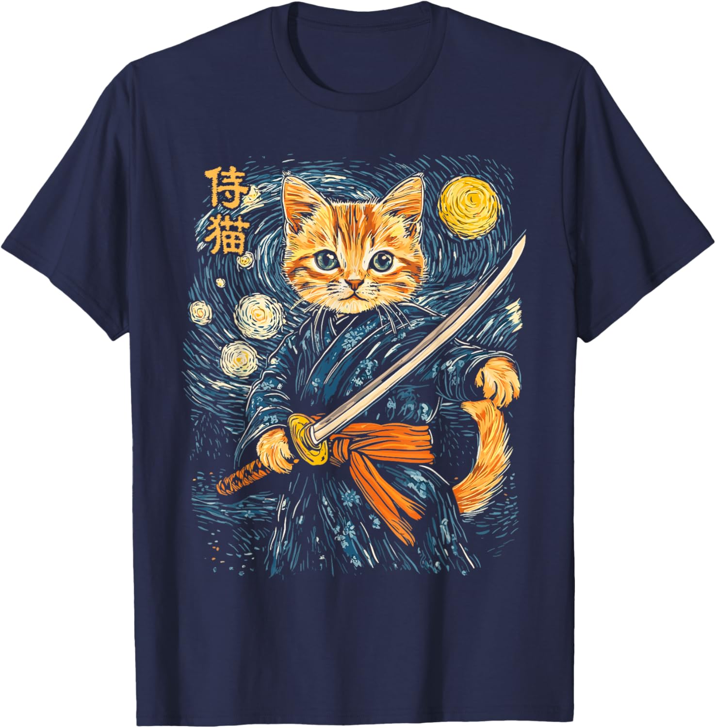 Japanese Samurai Ninja Cat Starry Night T-Shirt for Men, Women, Kids - 1