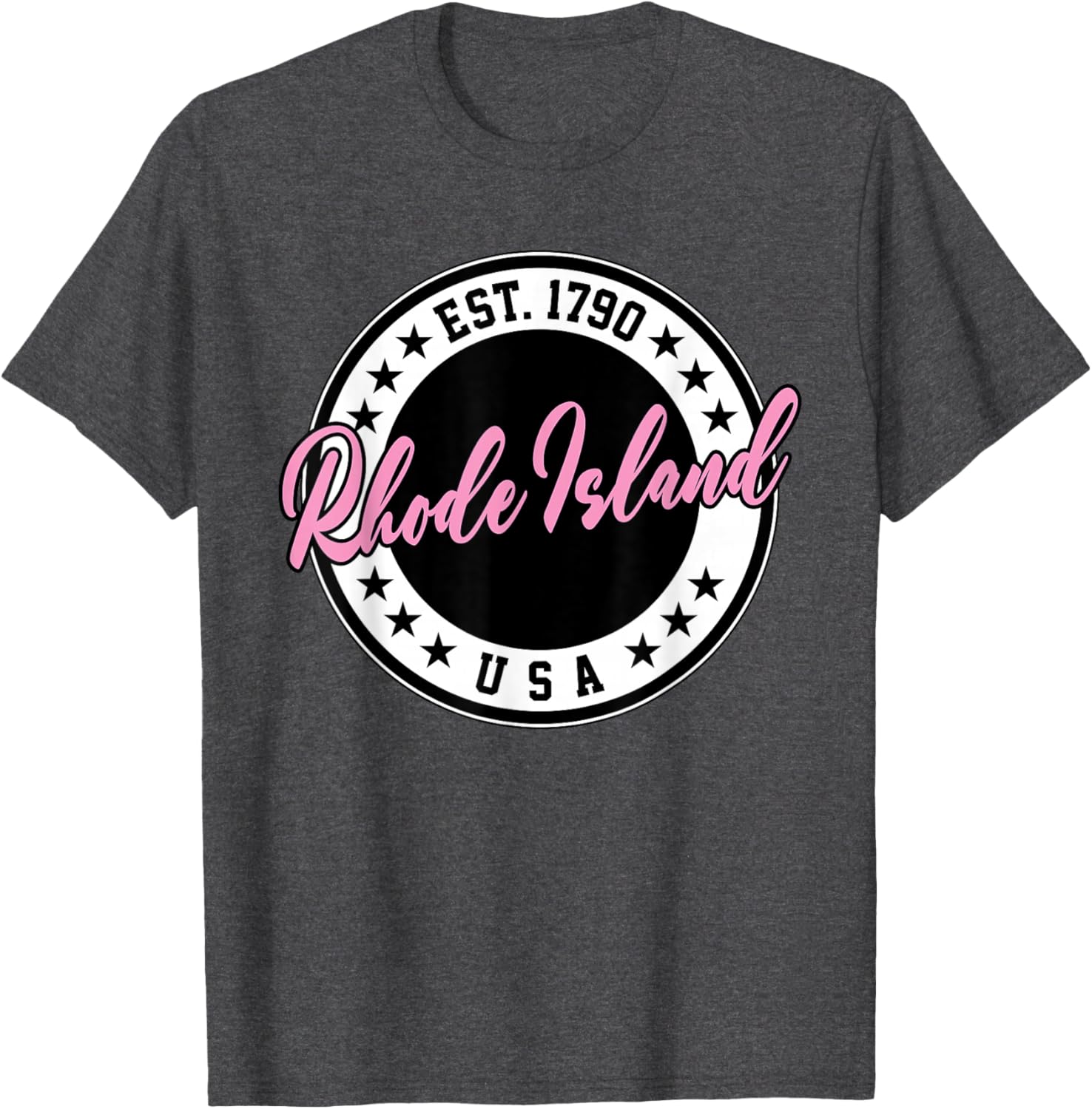 Rhode Island USA Script Circle Pink Text T-Shirt for Stylish Comfort - 26
