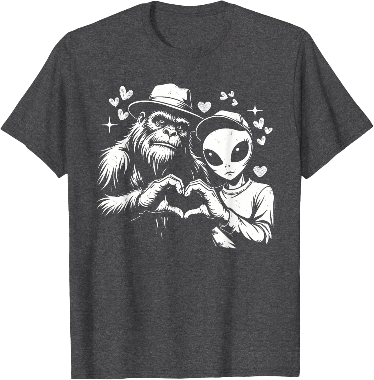 Funny Bigfoot and Alien Love Hand Sign T-Shirt for Unique Style - 1