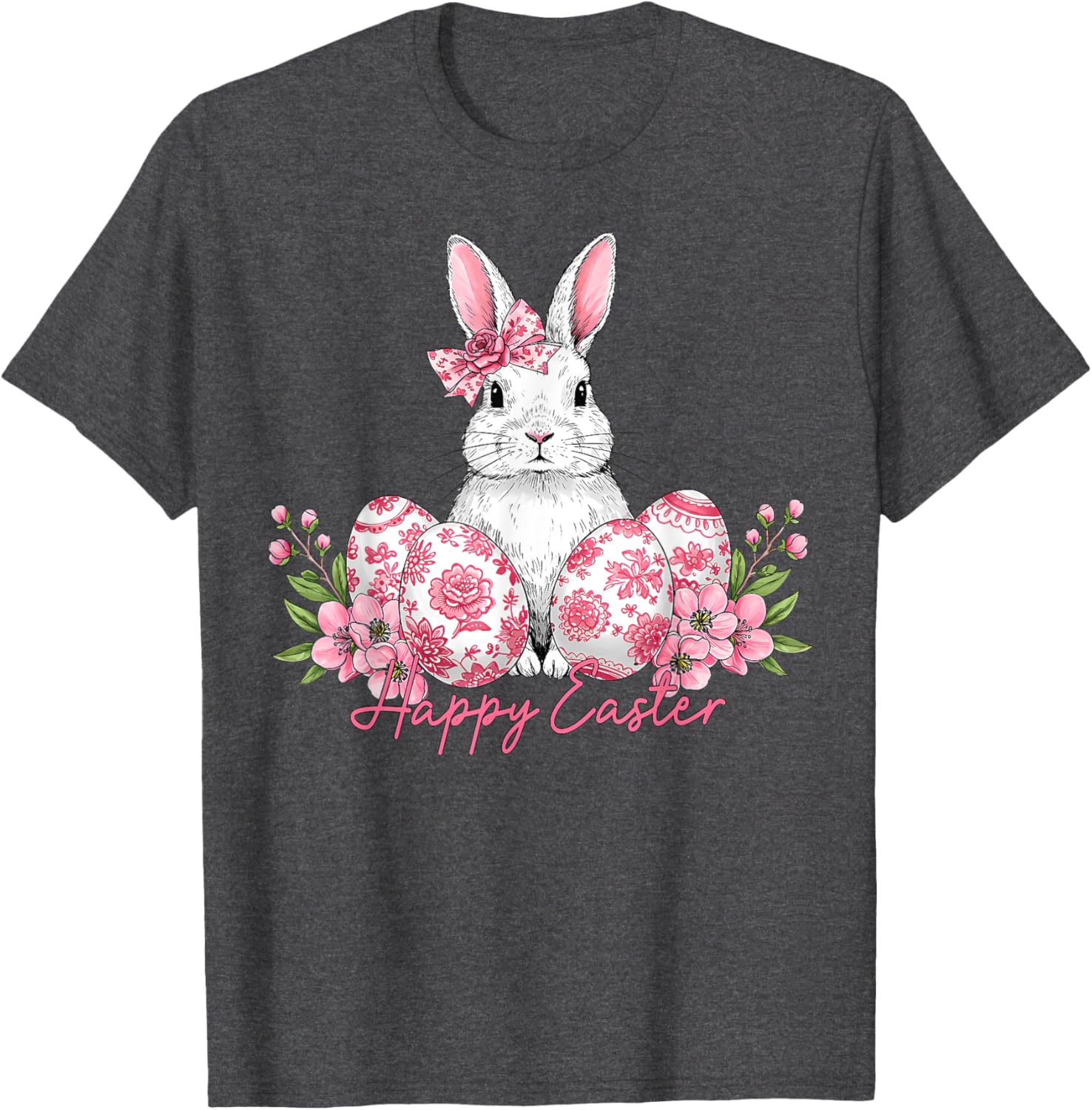 Happy Easter Chinoiserie Floral Bunny Bow T-Shirt for Festive Style - 15