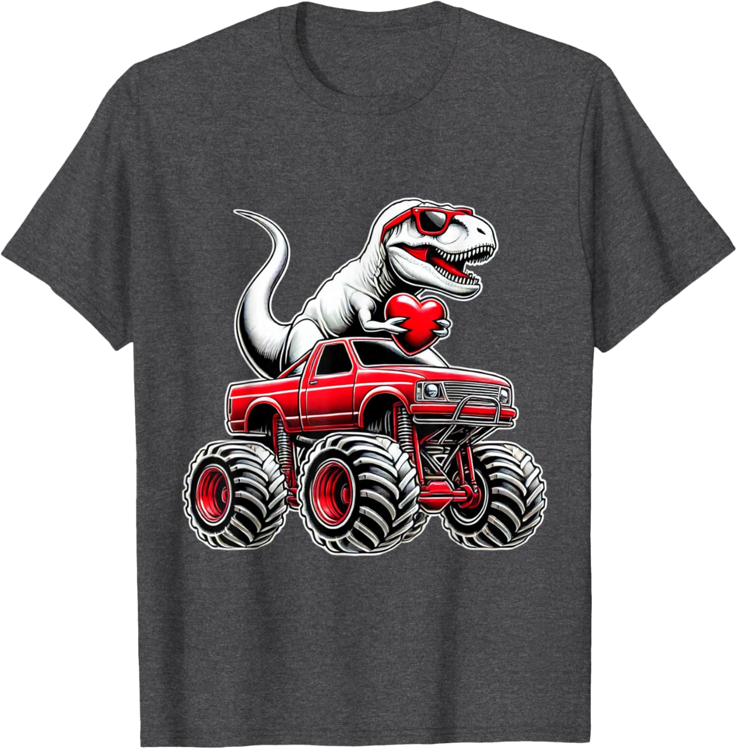 Funny T Rex Riding Monster Truck T-Shirt for Boys Celebrating Valentine's Day - 4
