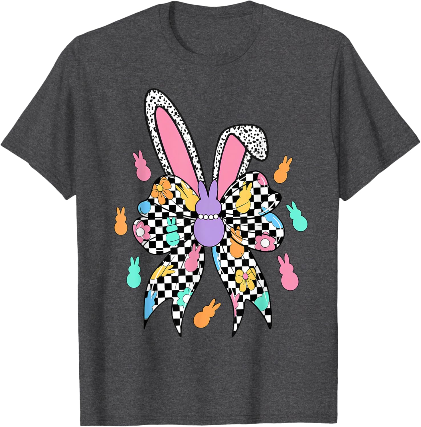 Happy Easter Checkered Bunny Bow Ears T-Shirt for Women and Girls - 19