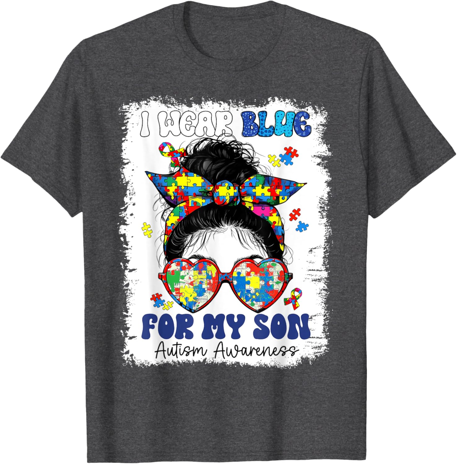 Mom Messy Bun Autism Awareness Puzzle T-Shirt for Proud Mothers - 1