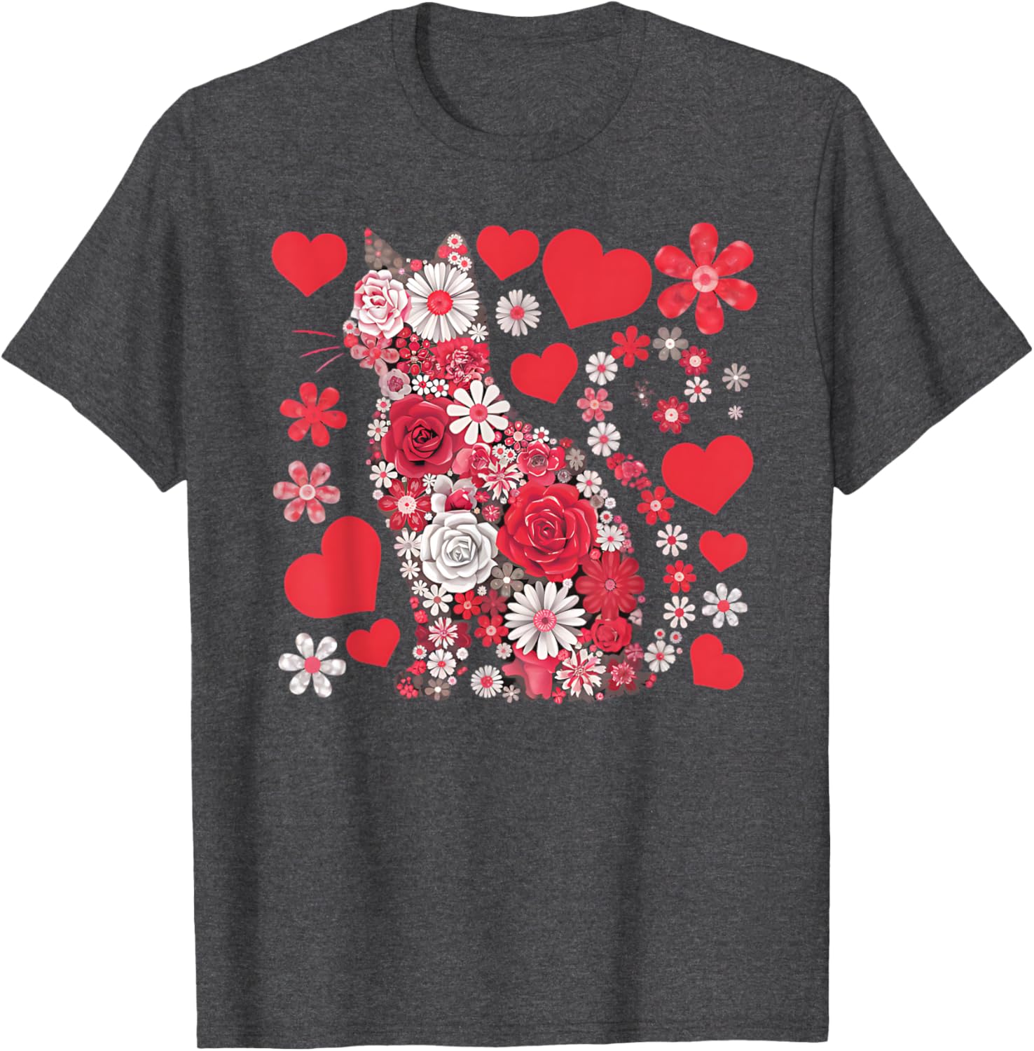 Cute Cat Floral Hearts Valentine’s Day T-Shirt for Kids and Adults - 5