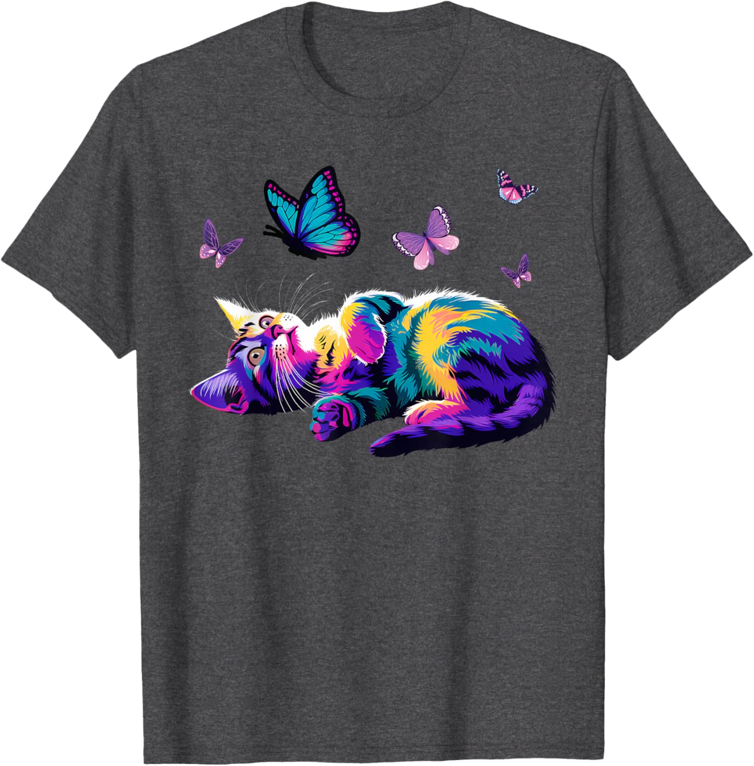 Colorful Cute Cat Playing with Butterfly T-Shirt for Cat Lovers Kids and Adults - 10