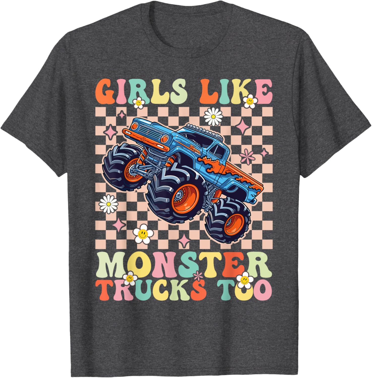 Funny Girls Love Monster Trucks Too Pink T-Shirt for Kids and Teens - 11