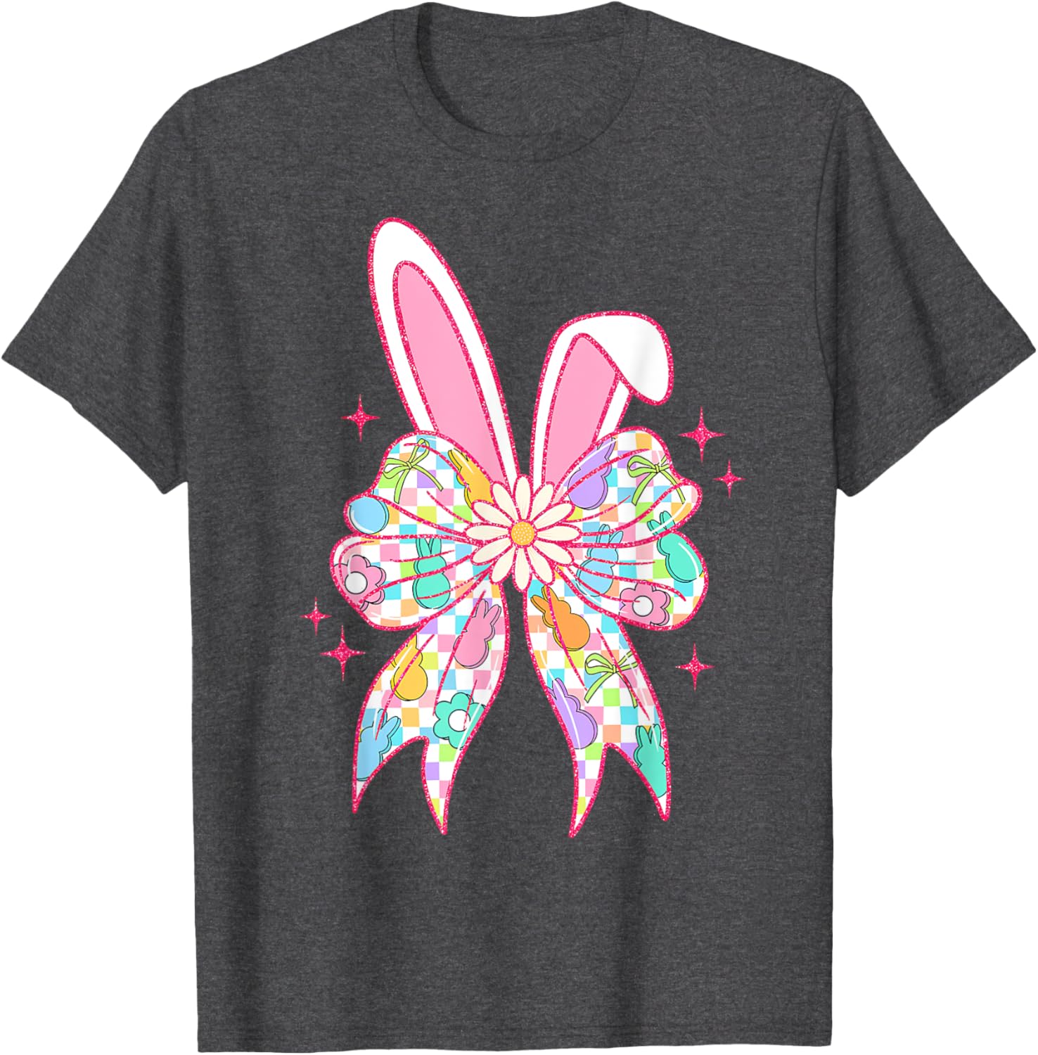 Groovy Checkered Bunny Bow Ears T-Shirt for Girls and Teens - 2