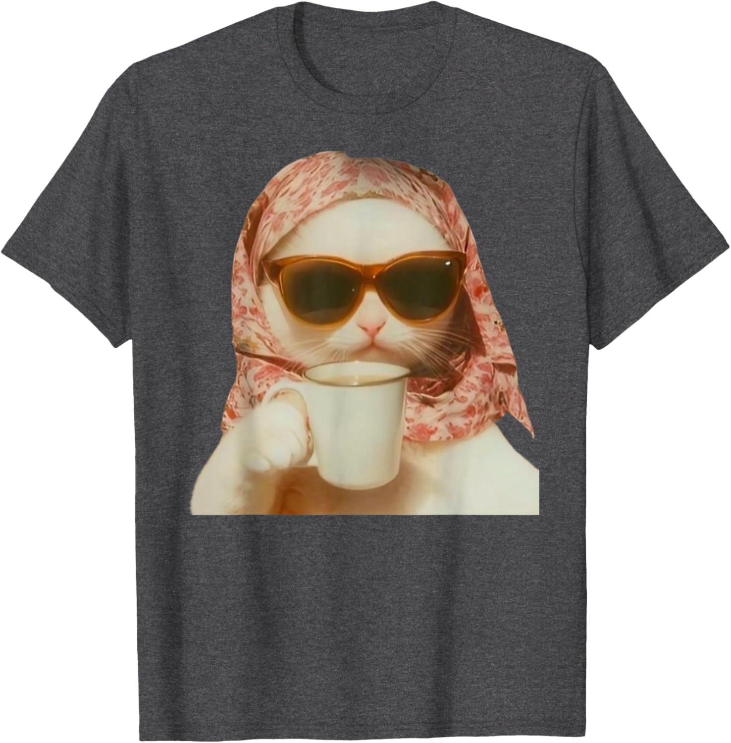 Funny Cat with Glasses and Headscarf Holding Cup T-Shirt for All Ages - 18
