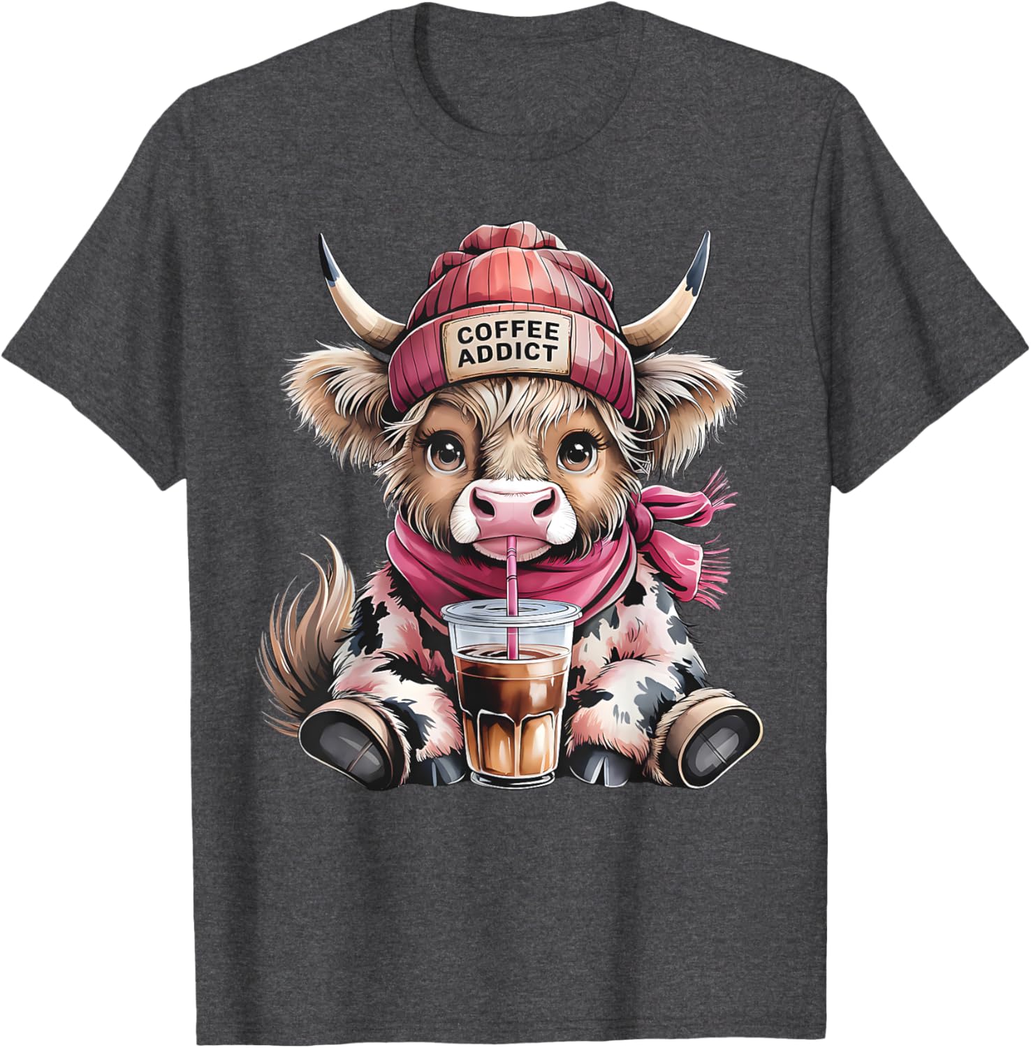 Cute Highland Cow Coffee Addict T-Shirt for Women with Beanie Hat - 2