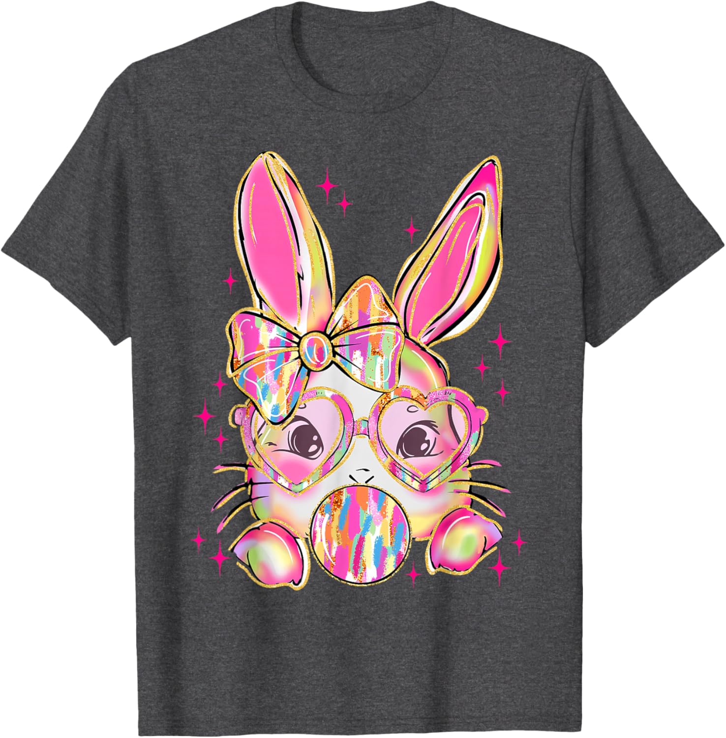 Cute Brushstroke Bunny Blowing Bubble Gum Easter Bow T-Shirt for Kids - 9