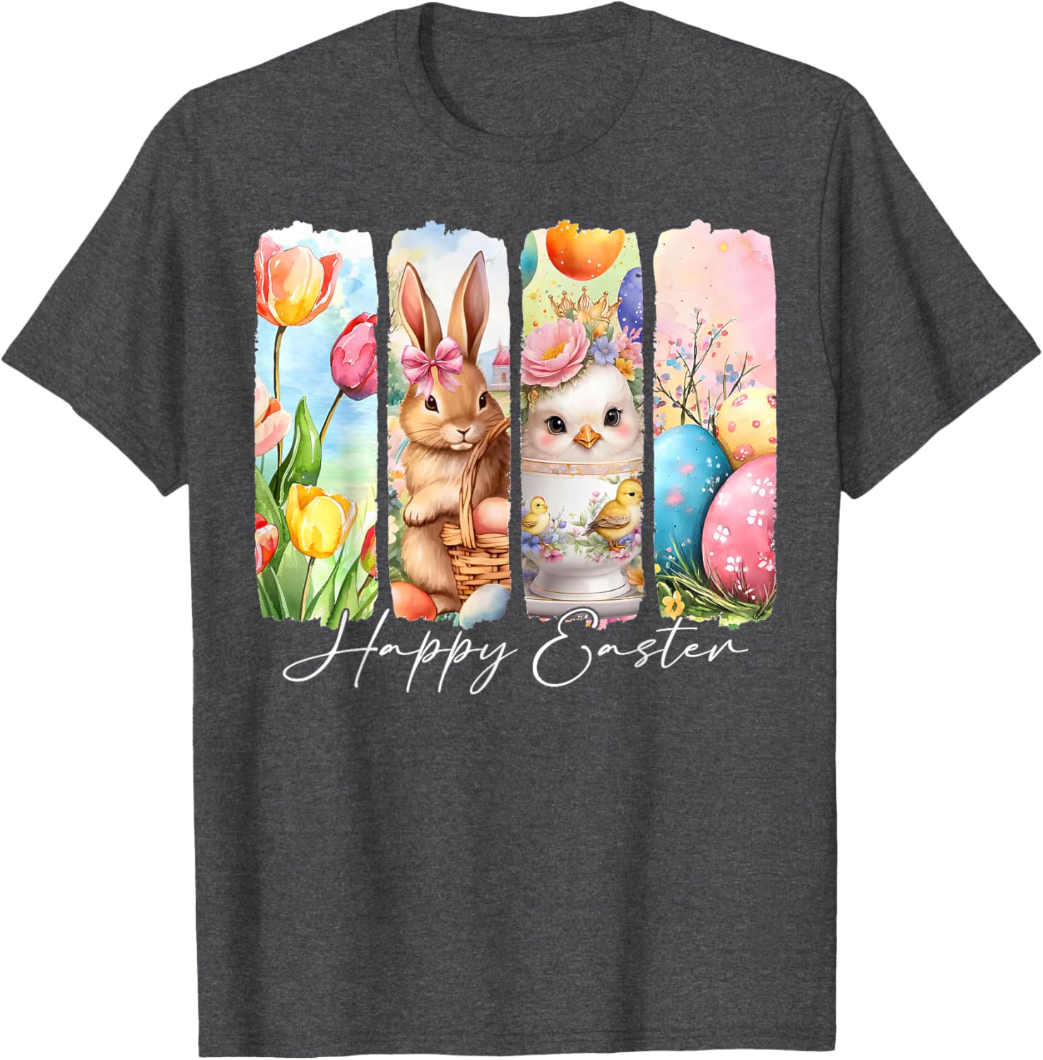 Retro Bunny and Chick Happy Easter T-Shirt with Floral Design - 17
