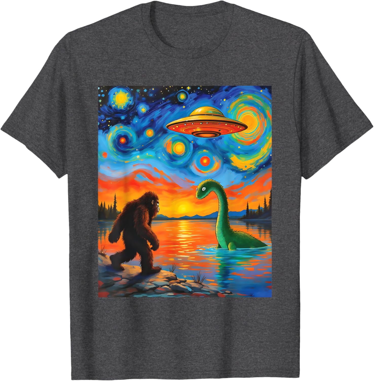 Bigfoot UFO Alien Encounter T-Shirt Inspired by Van Gogh's Starry Night - 16