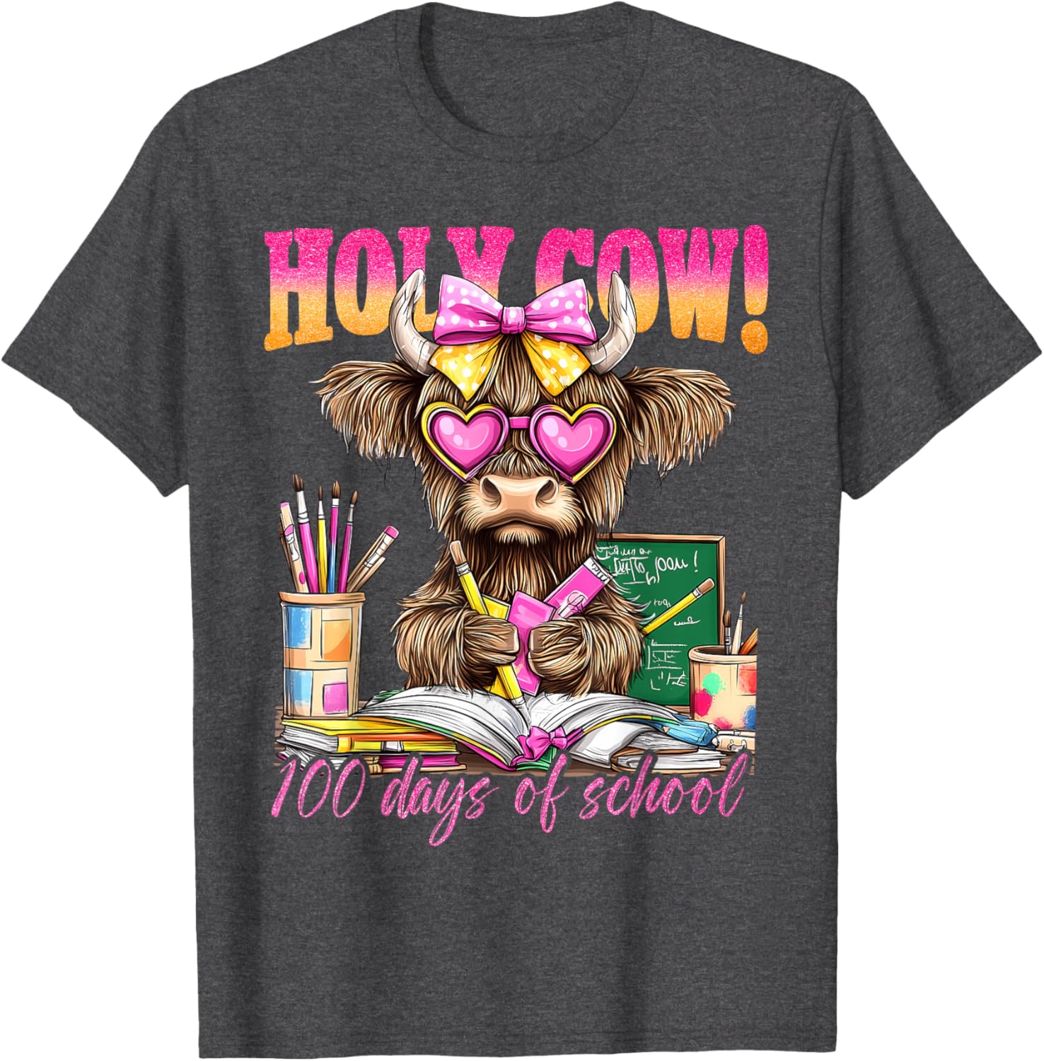 Cute Highland Cow 100 Days of School T-Shirt for Teachers and Kids - 24