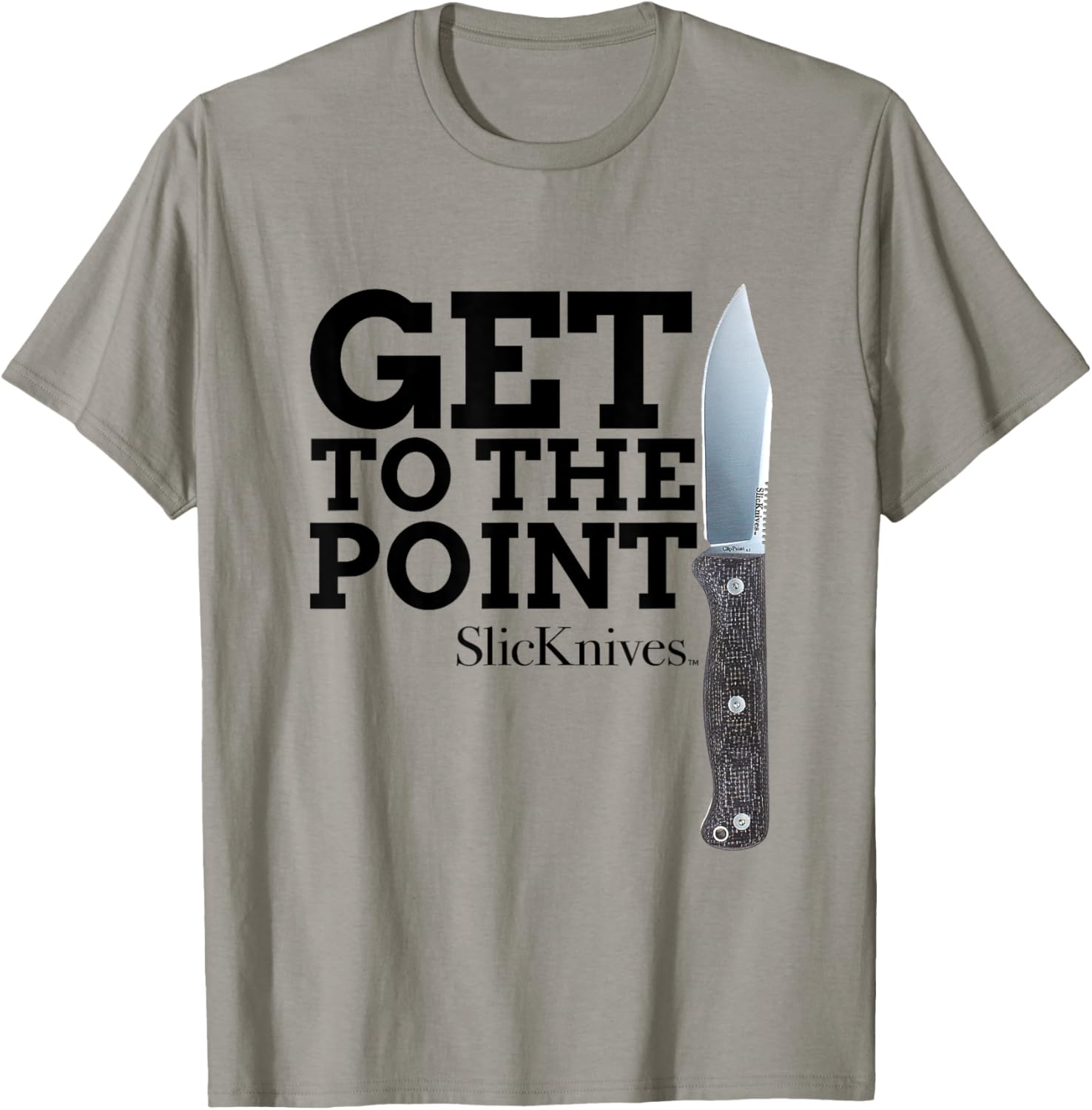 SlicKnives ClipPoint 4.5 Knife T-Shirt with Brown Grip and Black Text - 3