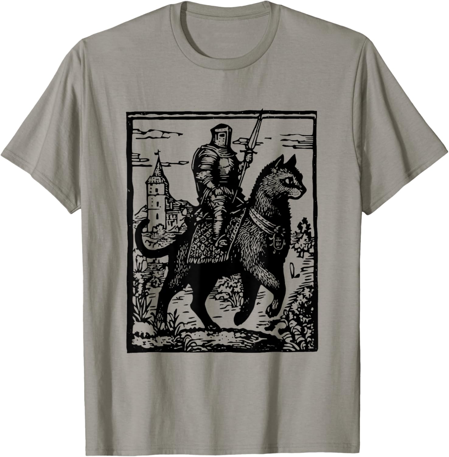 Funny 90s Knight Cat Rider T-Shirt | Retro Dark Art Cat Meme Tee - 5