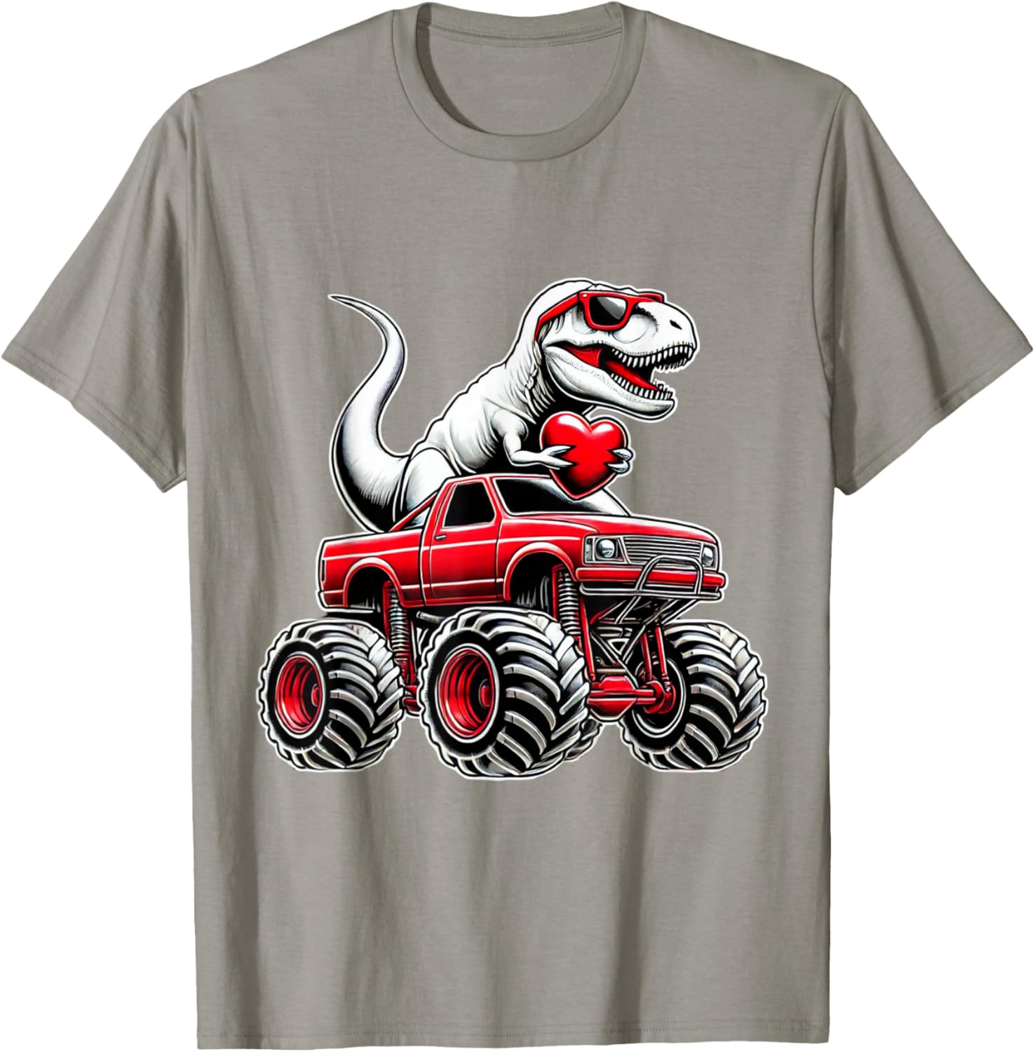 Funny T Rex Riding Monster Truck T-Shirt for Boys Celebrating Valentine's Day - 20
