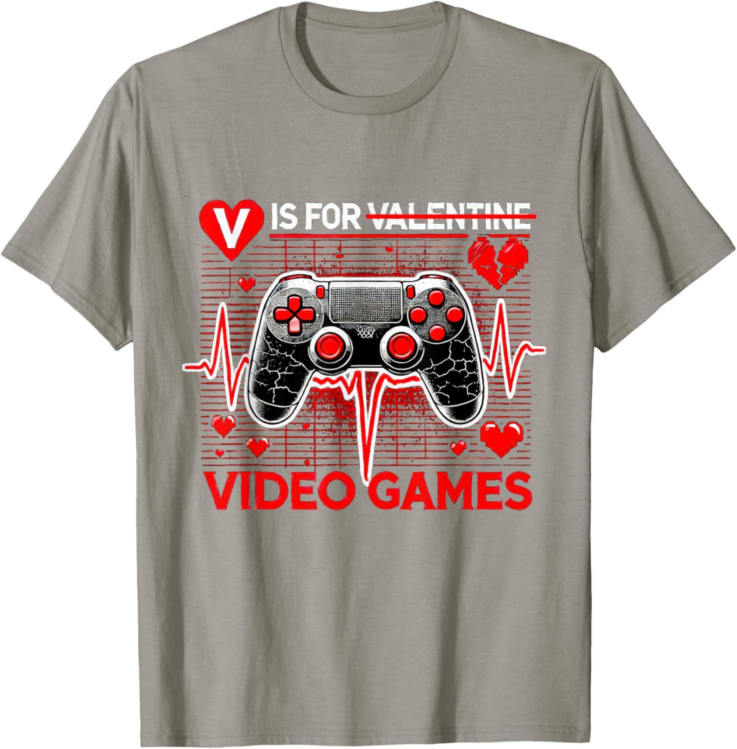 V Is For Video Games Heartbeat Valentine's Day T-Shirt for Gamers - 22