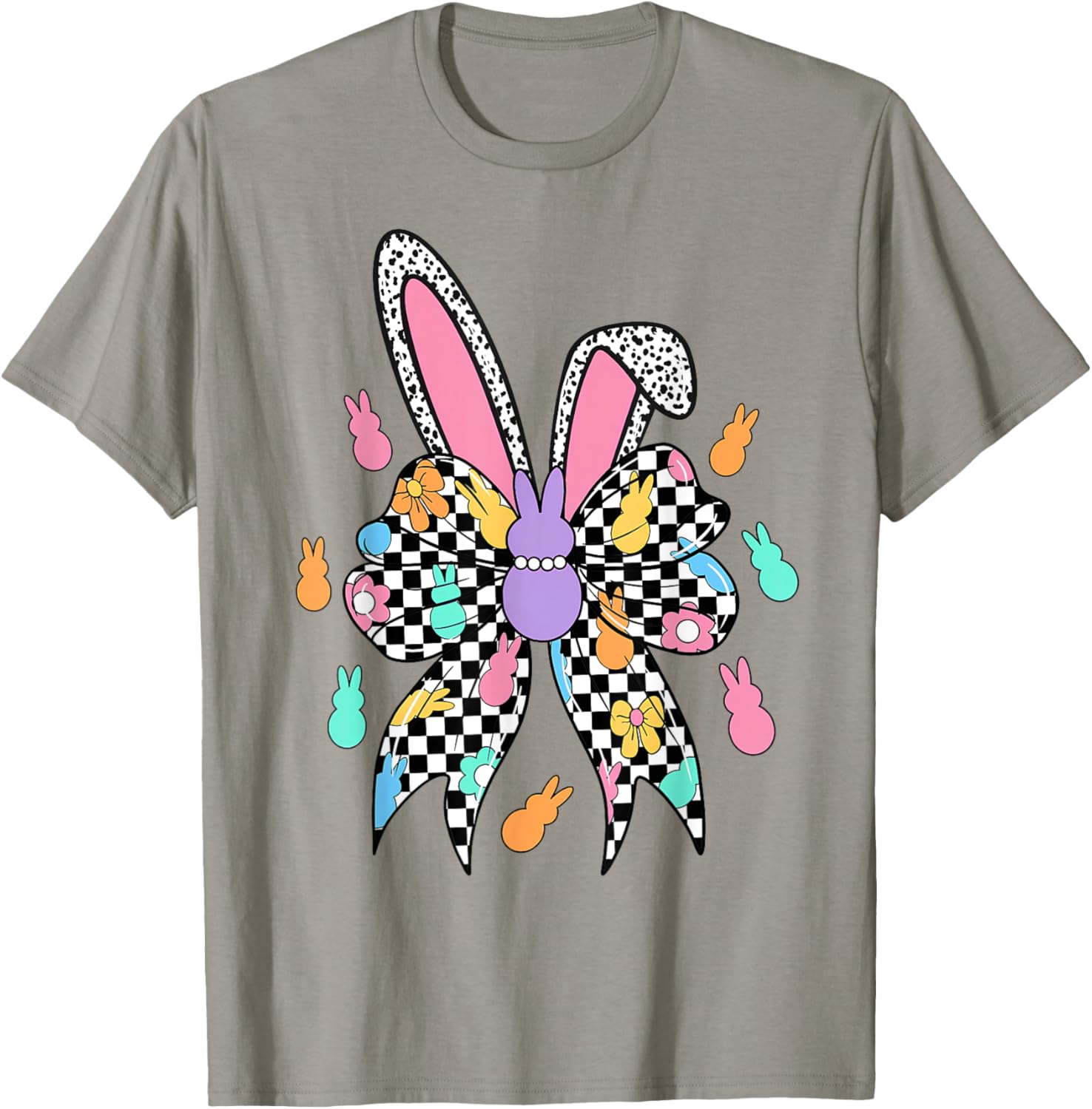Happy Easter Checkered Bunny Bow Ears T-Shirt for Women and Girls - 5