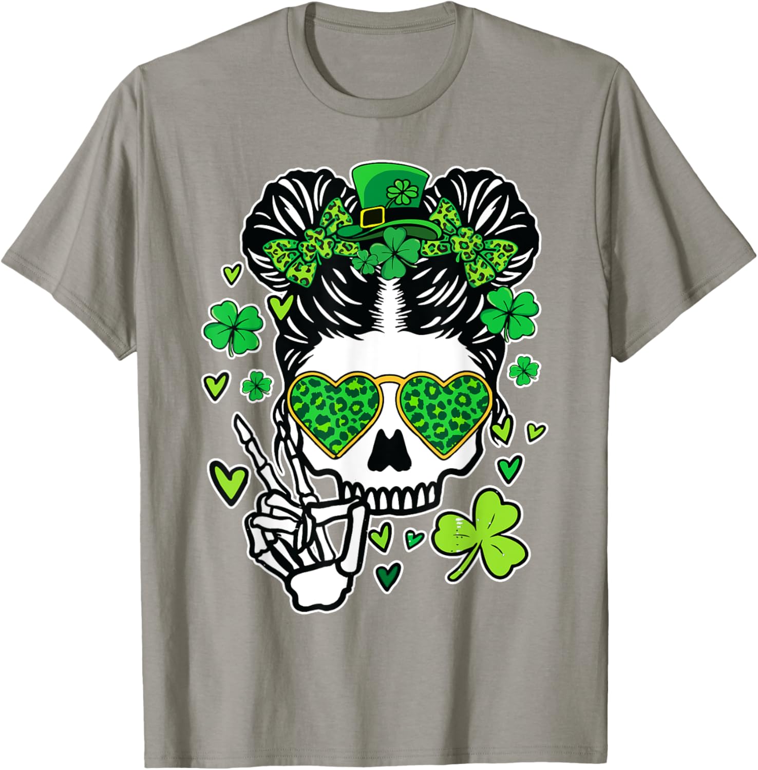St Patrick's Day Skull Messy Bun Women’s T-Shirt for Festive Style - 20
