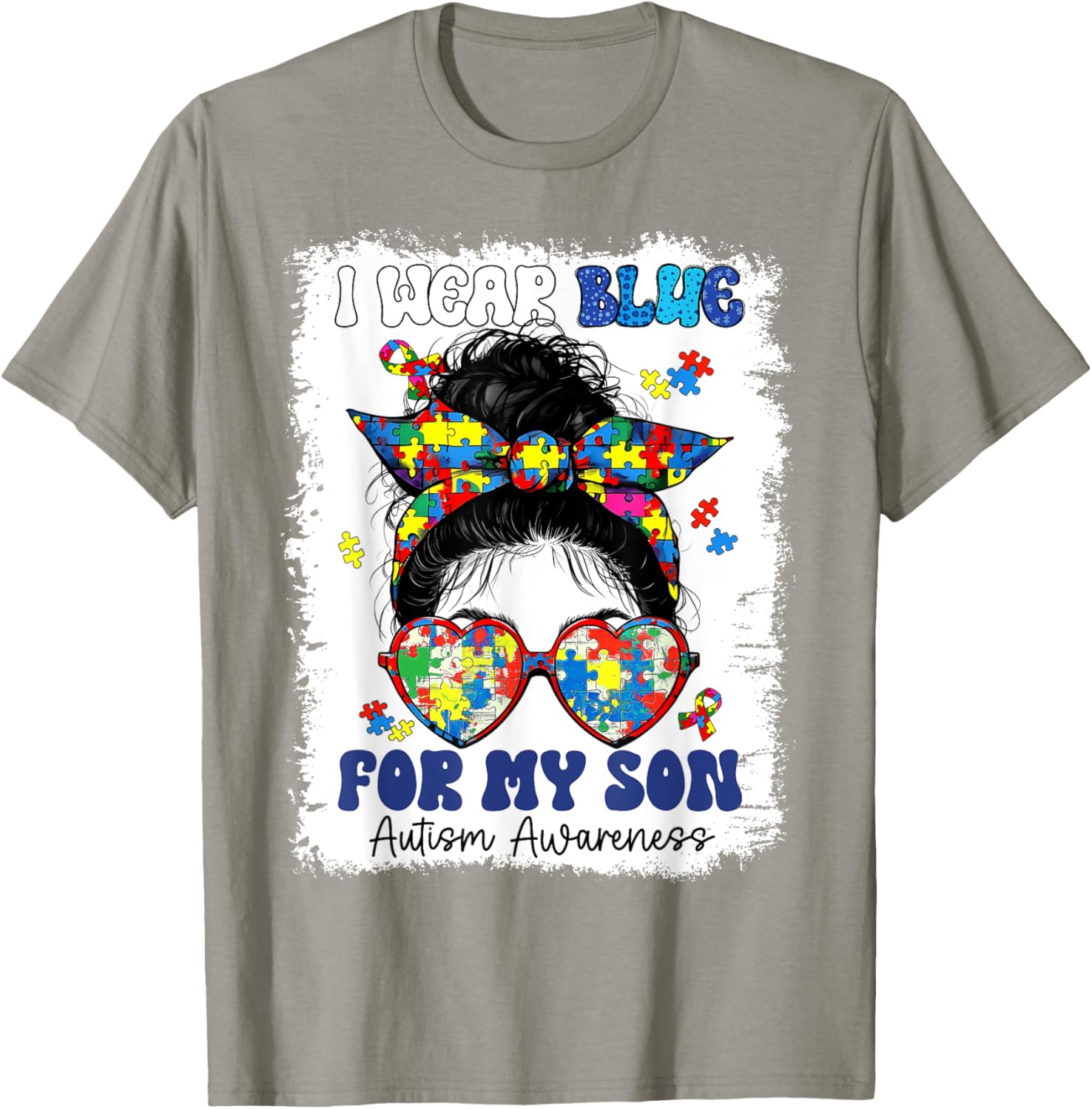 Mom Messy Bun Autism Awareness Puzzle T-Shirt for Proud Mothers - 10