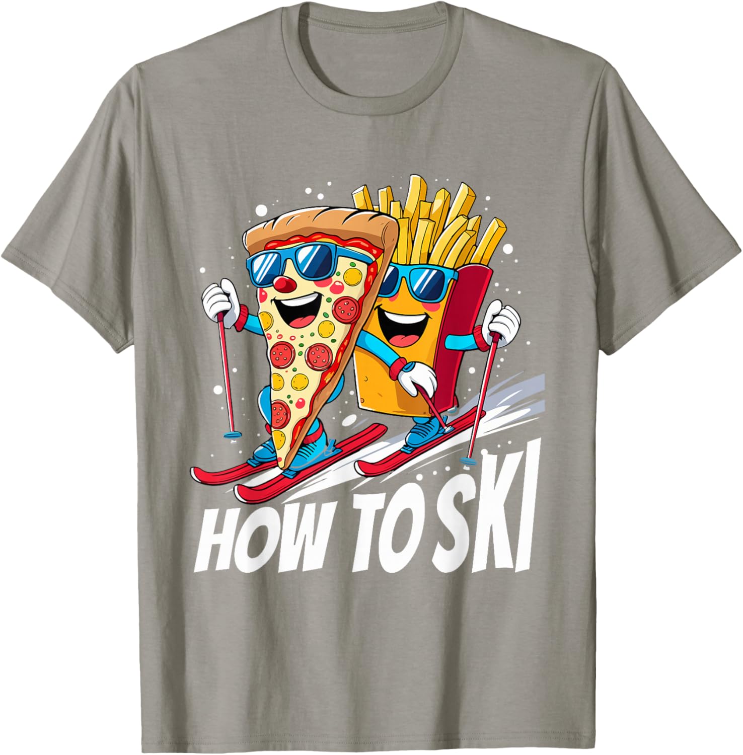 Funny Pizza French Fries Skiing T-Shirt for Ski Lovers and Enthusiasts - 18