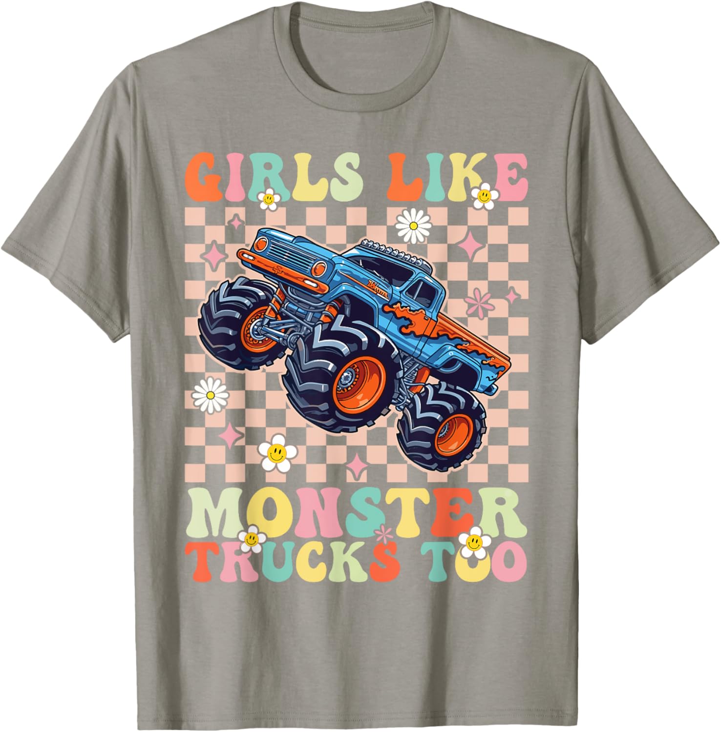 Funny Girls Love Monster Trucks Too Pink T-Shirt for Kids and Teens - 13