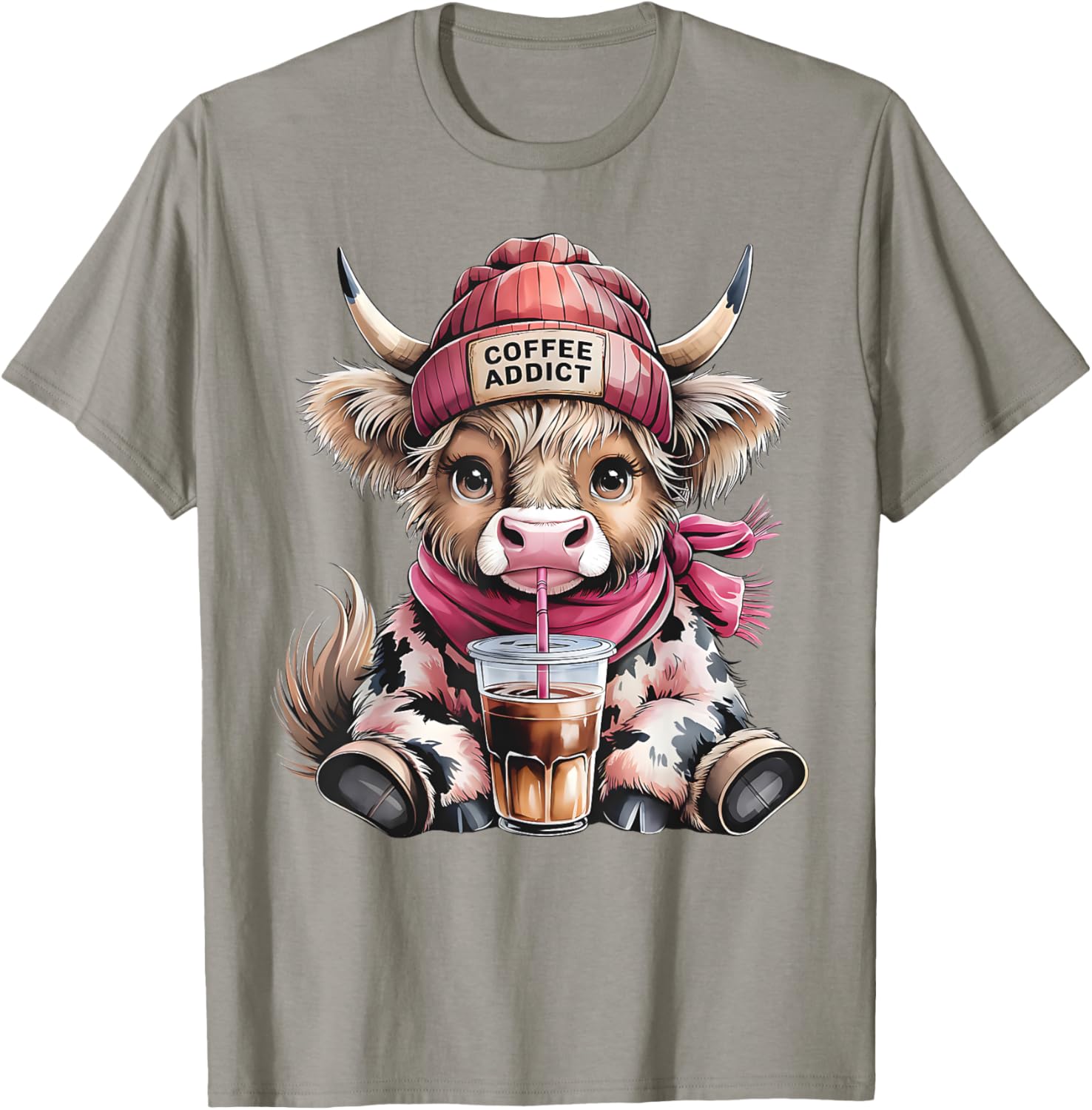 Cute Highland Cow Coffee Addict T-Shirt for Women with Beanie Hat - 21