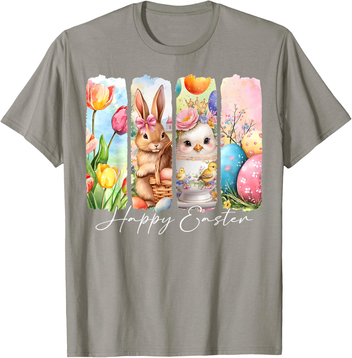 Retro Bunny and Chick Happy Easter T-Shirt with Floral Design - 13