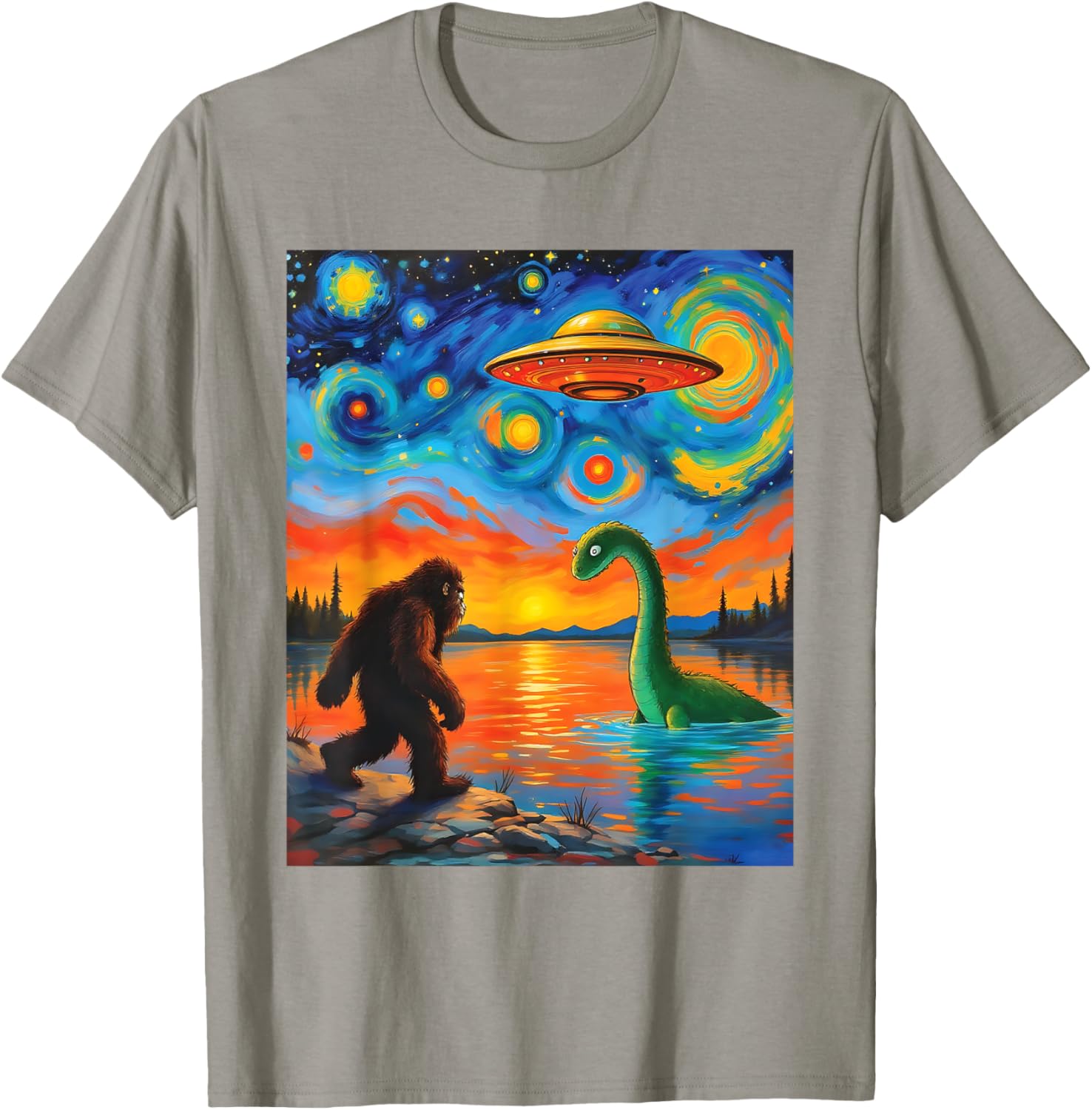 Bigfoot UFO Alien Encounter T-Shirt Inspired by Van Gogh's Starry Night - 12