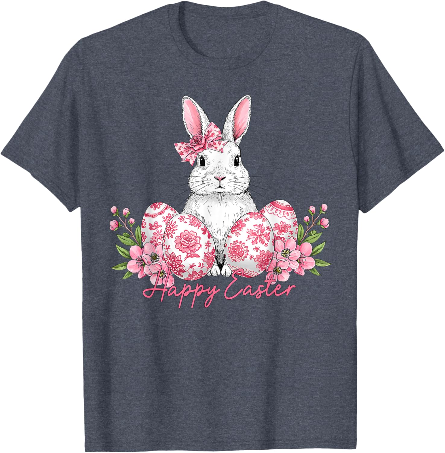 Happy Easter Chinoiserie Floral Bunny Bow T-Shirt for Festive Style - 11
